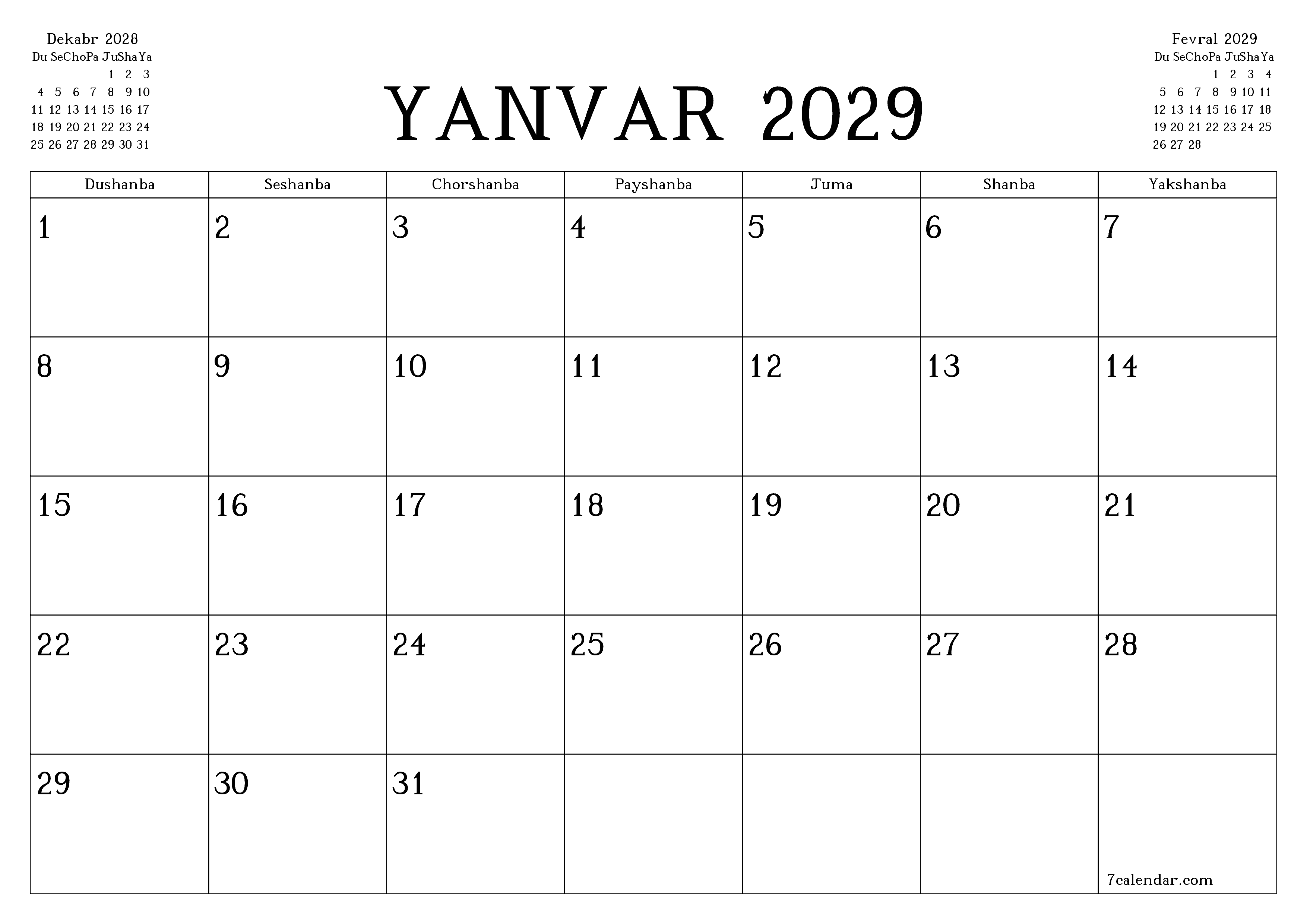 Yanvar 2029 oylik oylik rejalashtiruvchini yozuvlar bilan bo'shatish, saqlash va PDF-ga chop etish PNG Uzbek