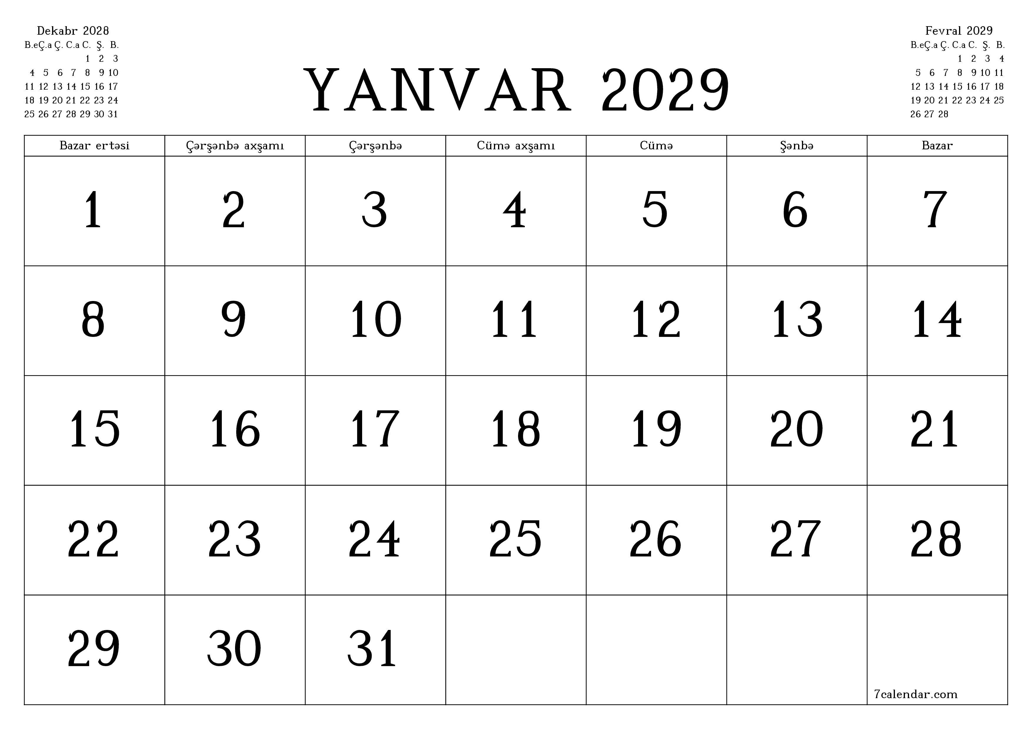 Yanvar 2029 ayı üçün qeydlər ilə boş aylıq planlayıcı, qeyd edin və PDF-ə yazdırın PNG Azerbaijani