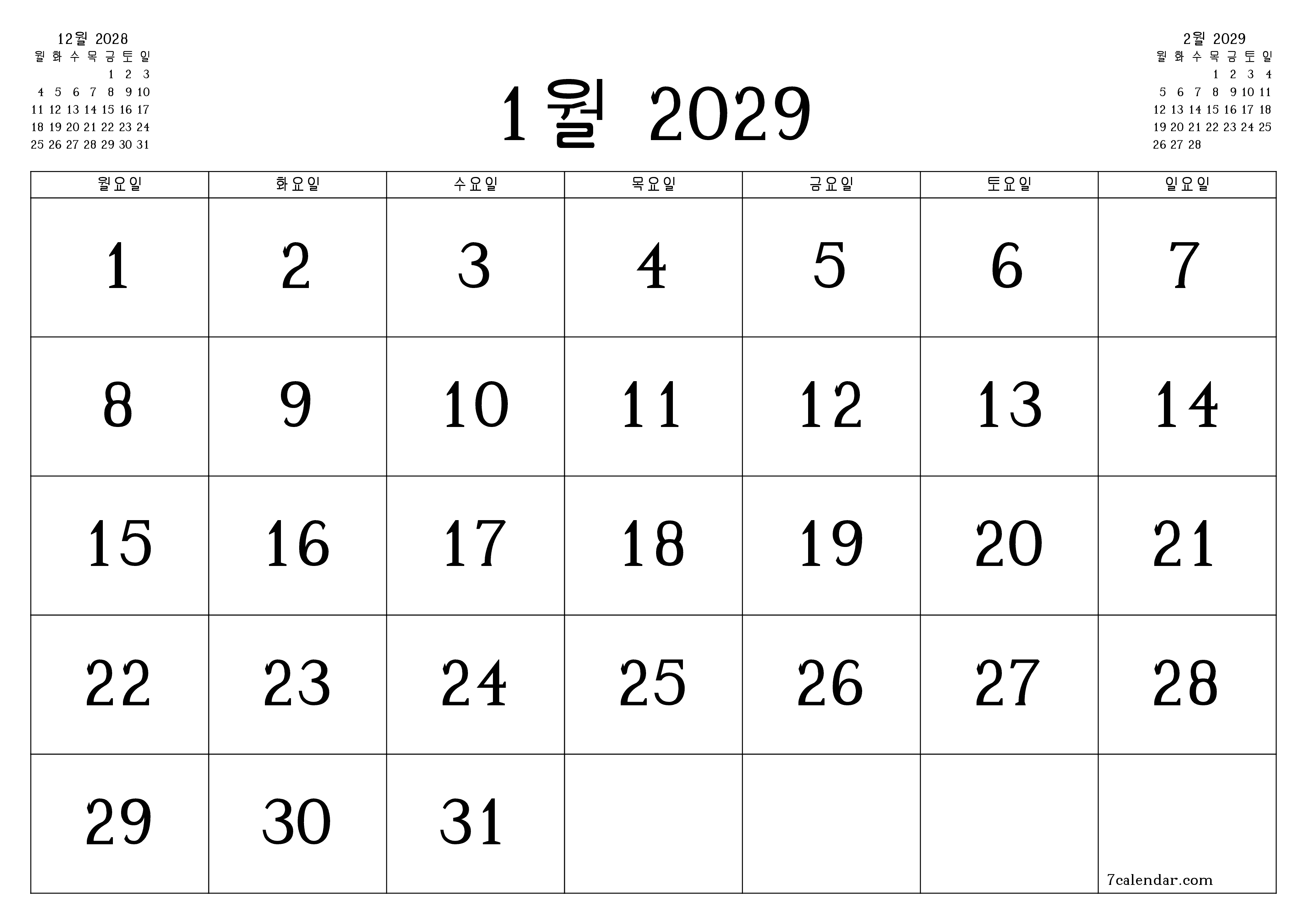 메모가있는 1월 2029 월의 월간 플래너 비우기, PDF PNG Korean-7calendar.com으로 저장 및 인쇄