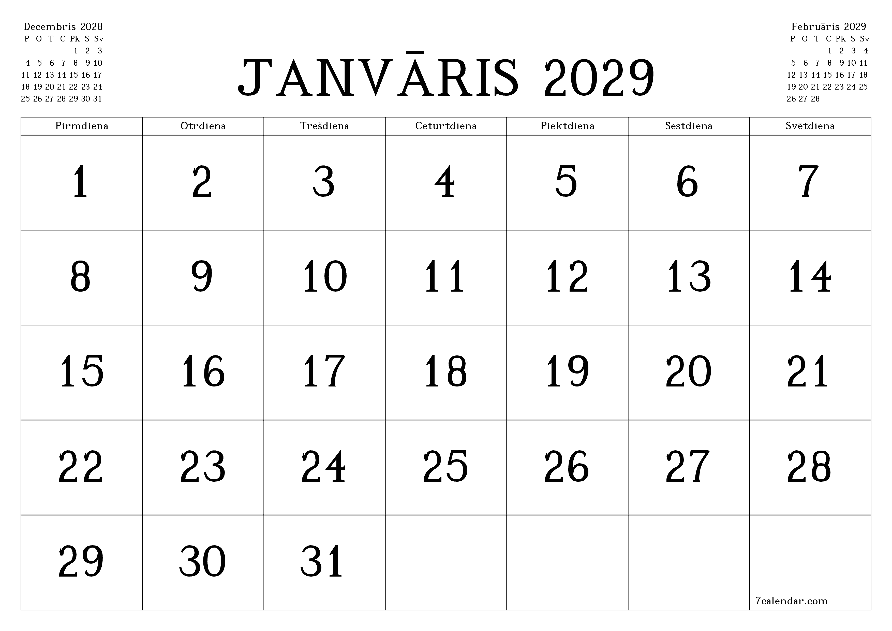 Iztukšot mēneša plānotāju mēnesim Janvāris 2029 ar piezīmēm, saglabāt un izdrukāt PDF formātā PNG Latvian