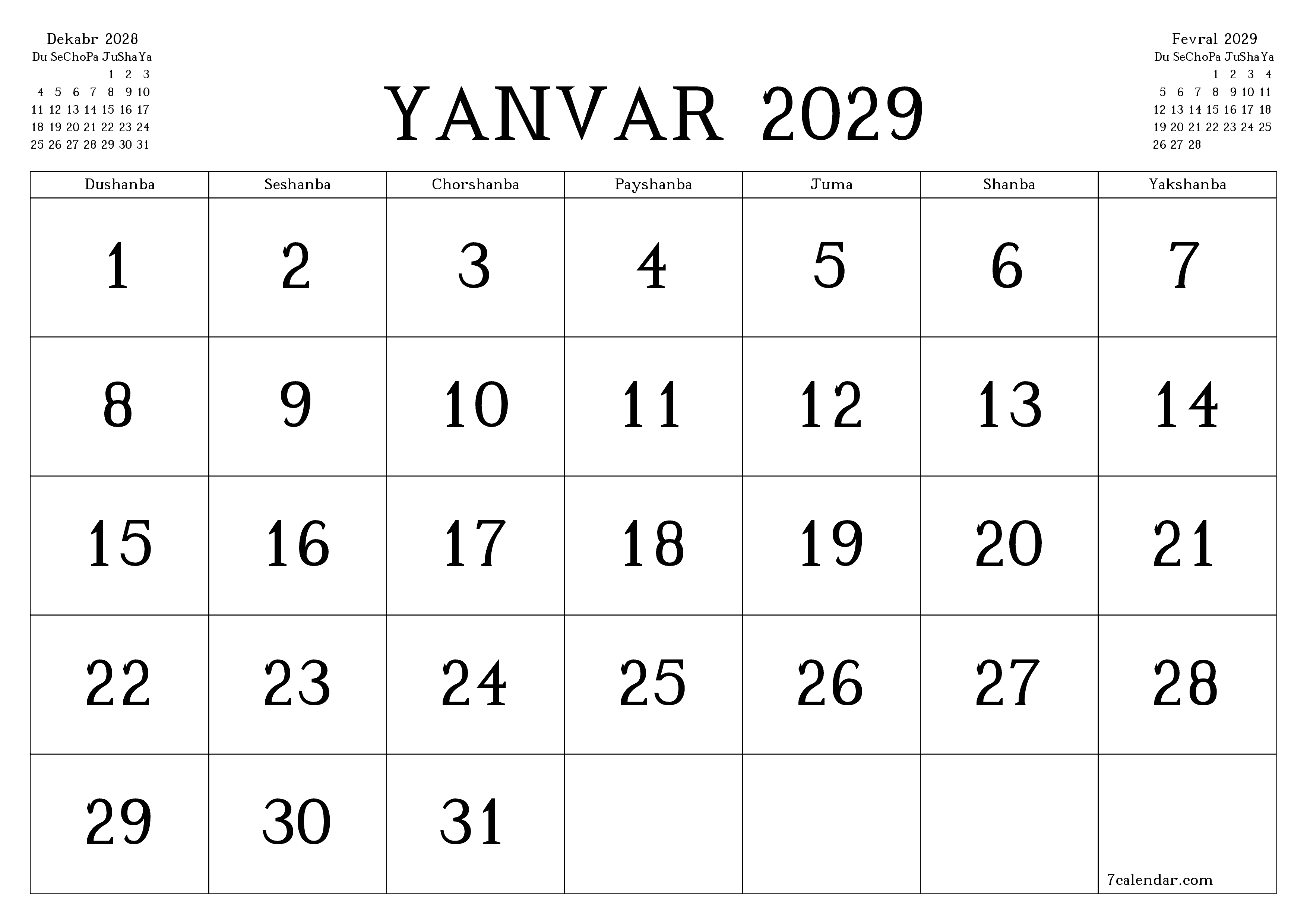 Yanvar 2029 oylik oylik rejalashtiruvchini yozuvlar bilan bo'shatish, saqlash va PDF-ga chop etish PNG Uzbek