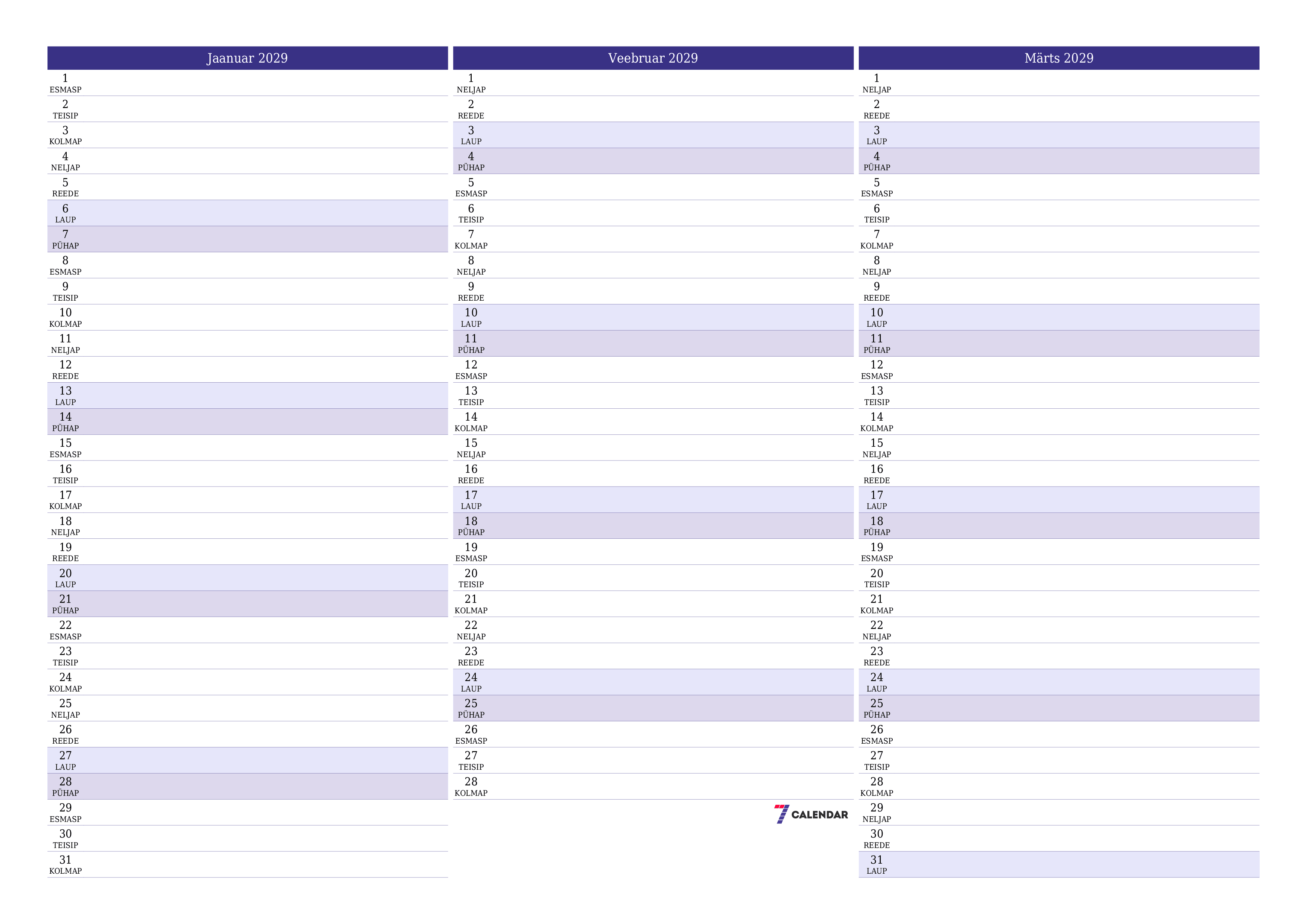 Tühjendage kuu Jaanuar 2029 kuuplaneerija märkmetega, salvestage ja printige PDF-i PNG Estonian