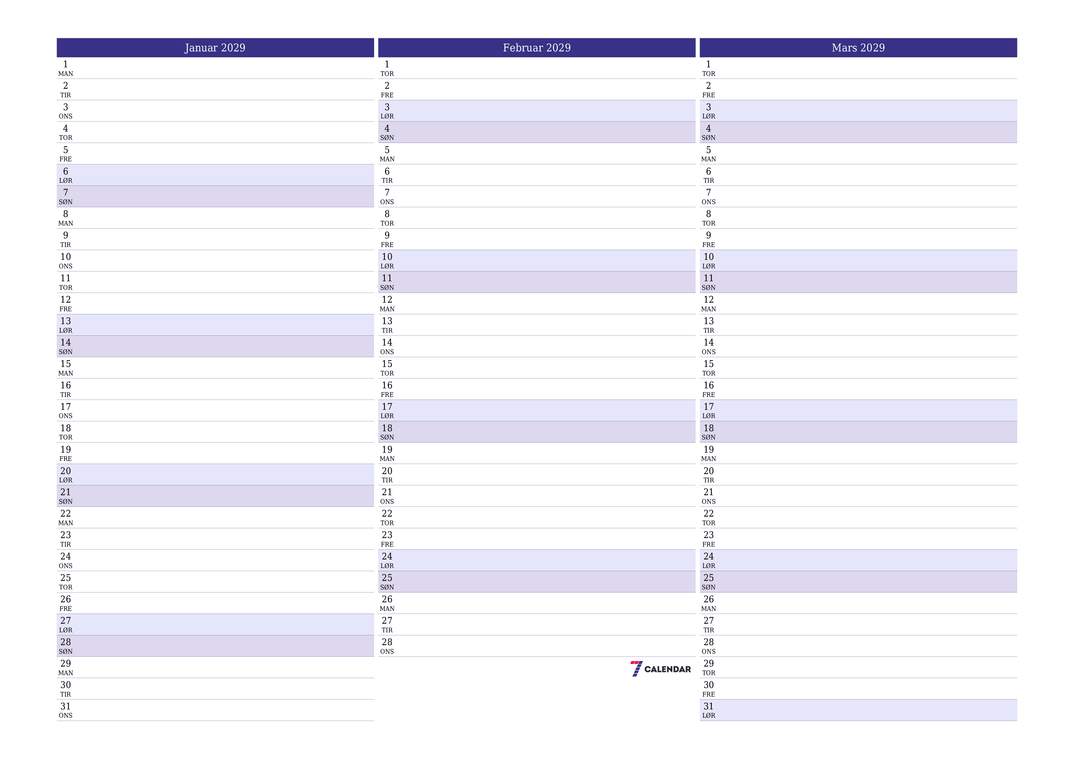 Tom månedlig planlegger for måned Januar 2029 med notater, lagre og skriv ut til PDF PNG Norwegian