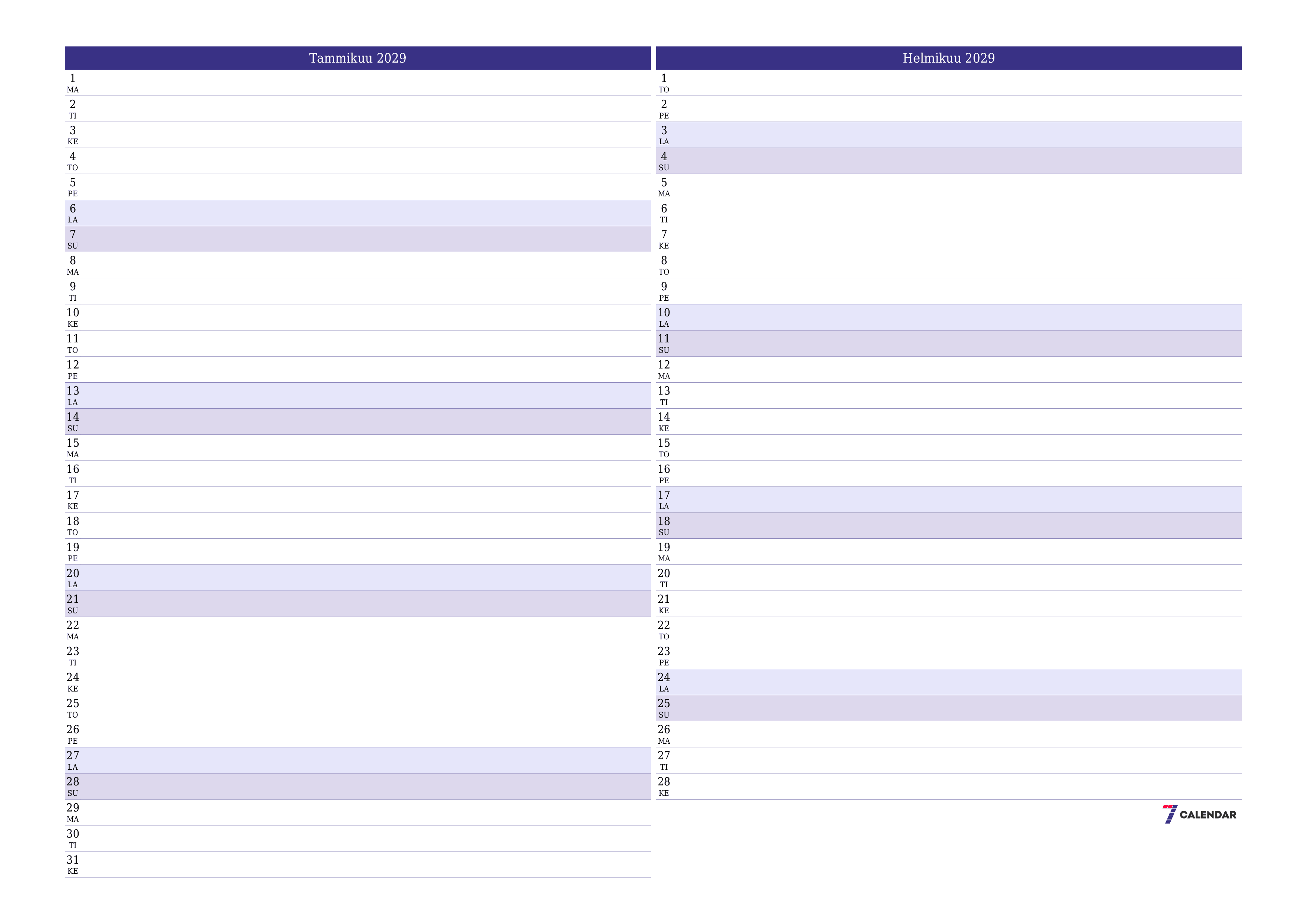 Tyhjennä kuukausittainen suunnittelija kuukaudelle Tammikuu 2029 muistiinpanoilla, tallenna ja tulosta PDF-muotoon PNG Finnish