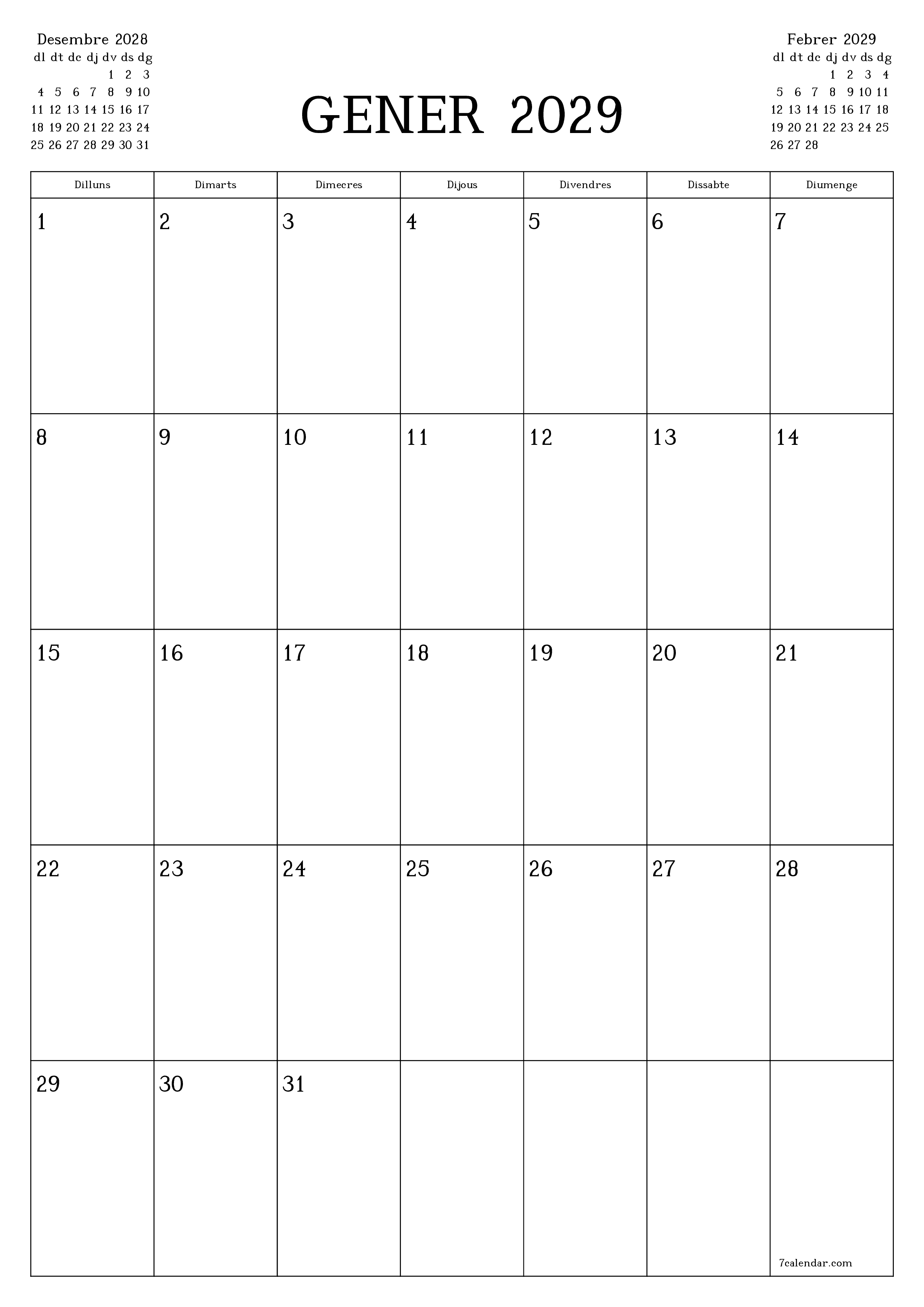  imprimible de paret plantilla de gratuïtvertical Mensual planificador calendari Gener (Gen) 2029