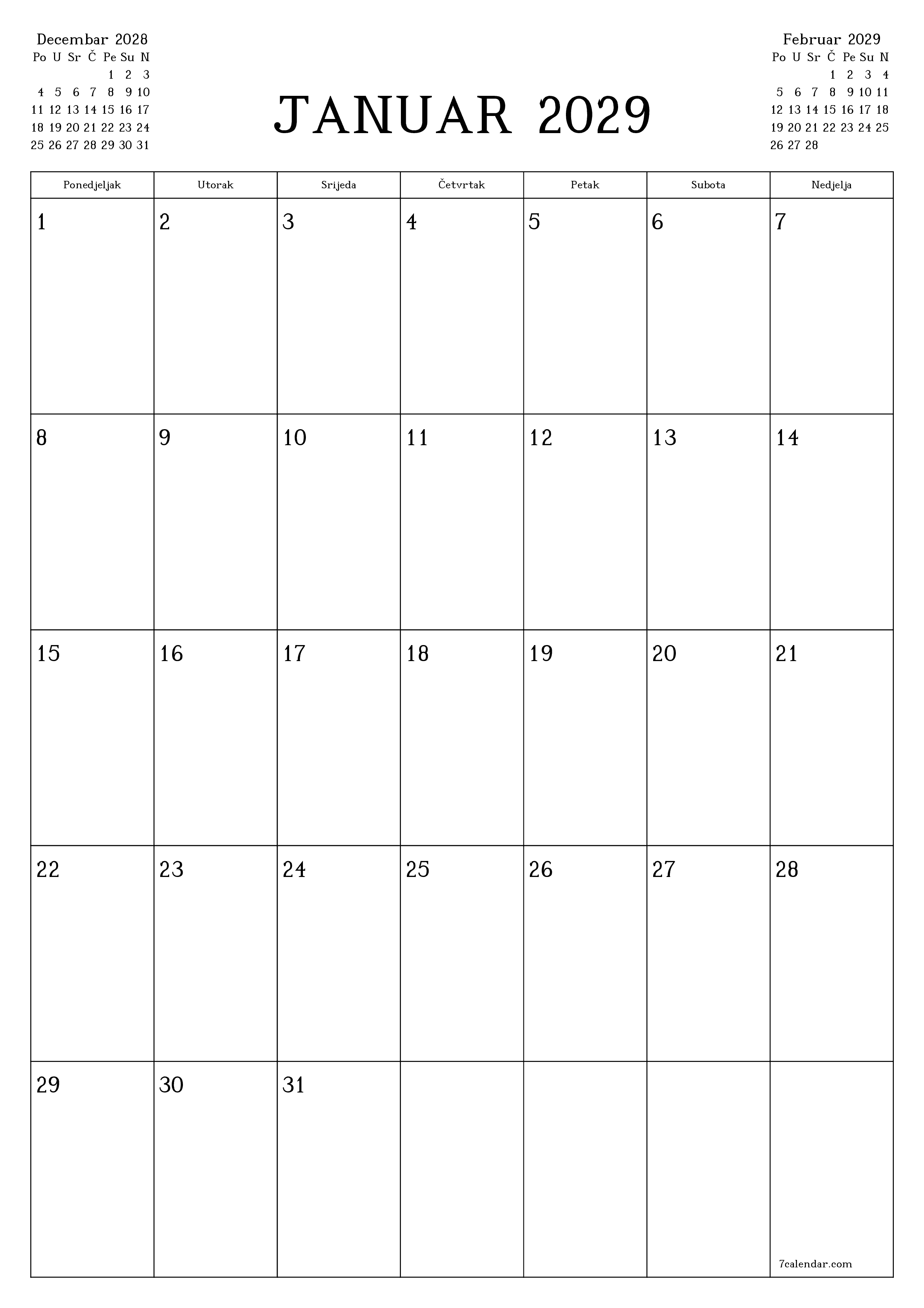  za štampanje zidni šablon a besplatni vertikalno Mjesečno planer kalendar Januar (Jan) 2029