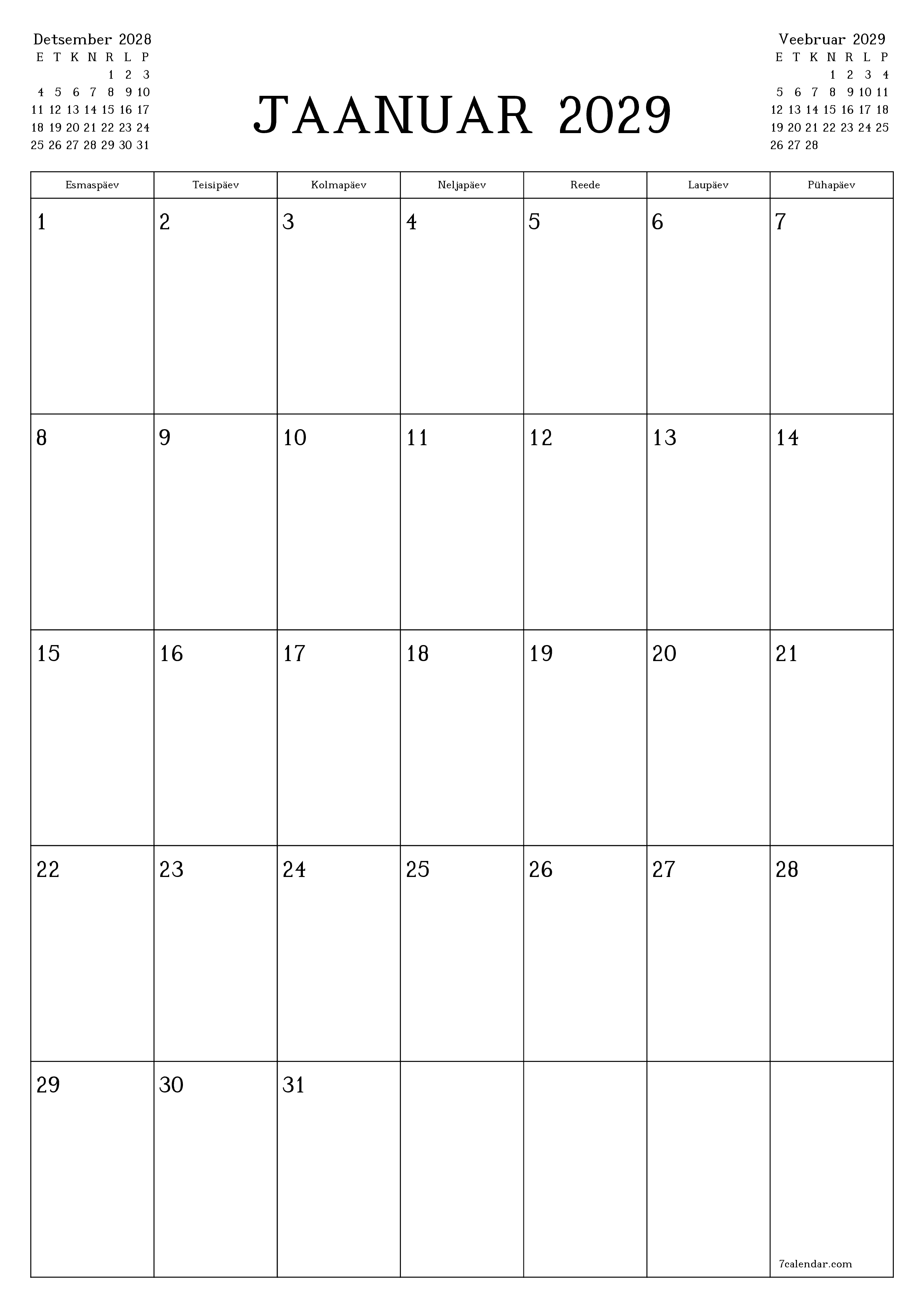prinditav seina kalendri mall tasuta vertikaalne Igakuine planeerija kalender Jaanuar (Jaan) 2029