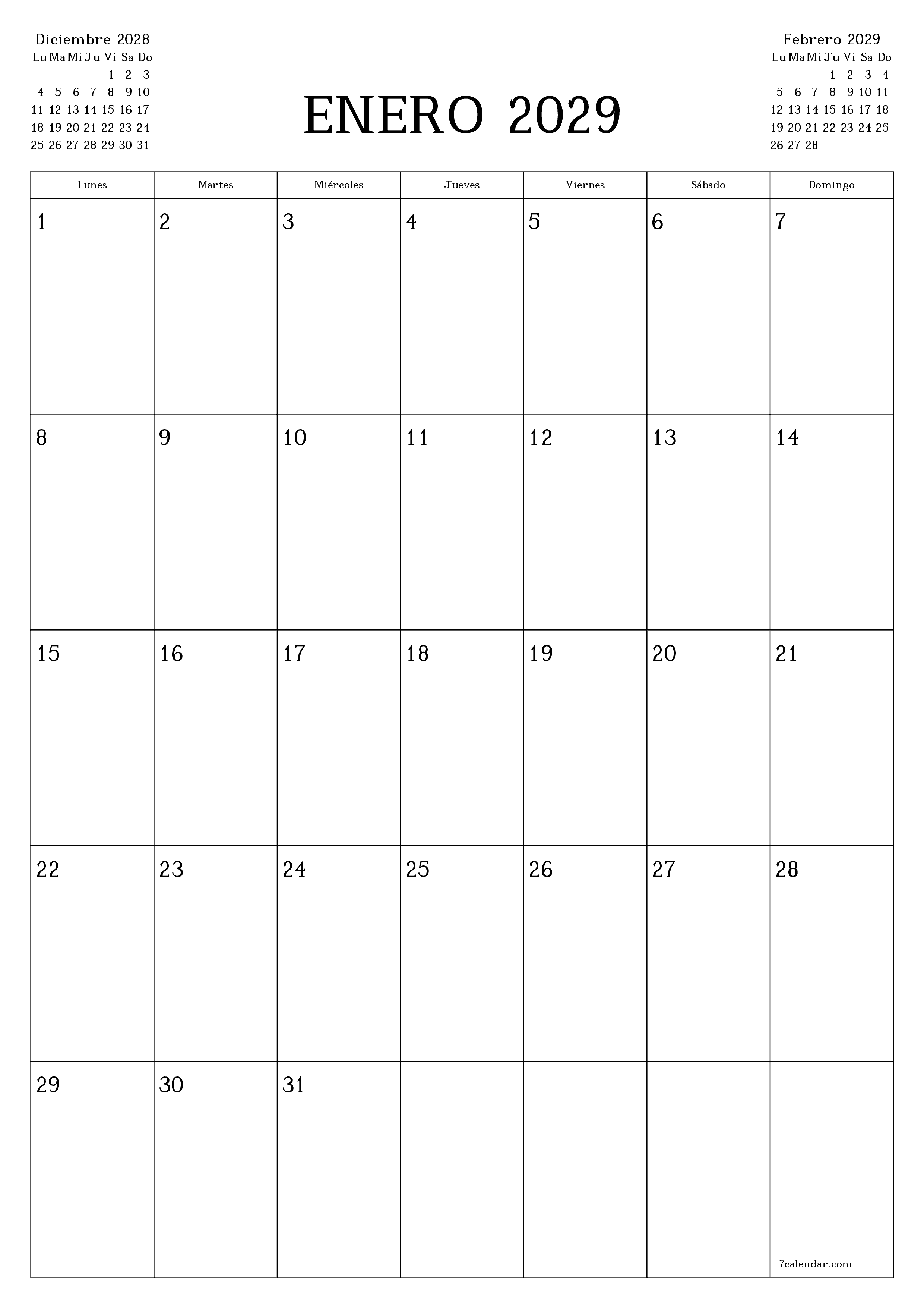  imprimible de pared plantilla de gratisvertical Mensual planificador calendario Enero (Ene) 2029