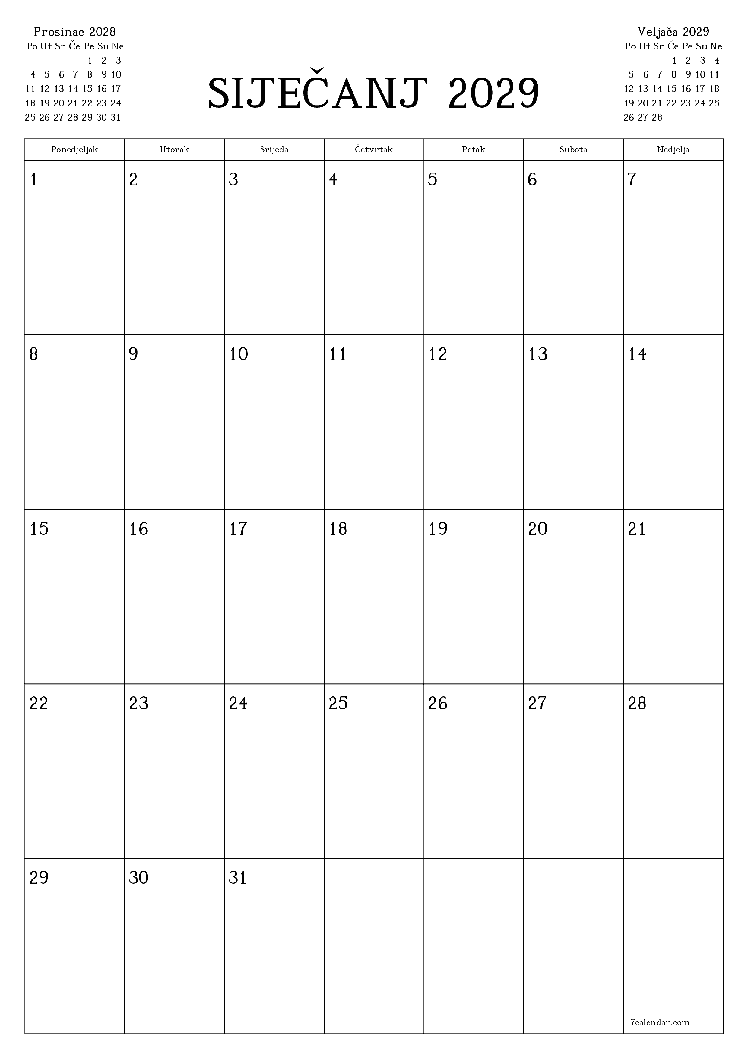  za ispis zidni predložak a besplatni okomito Mjesečni planer kalendar Siječanj (Sij) 2029