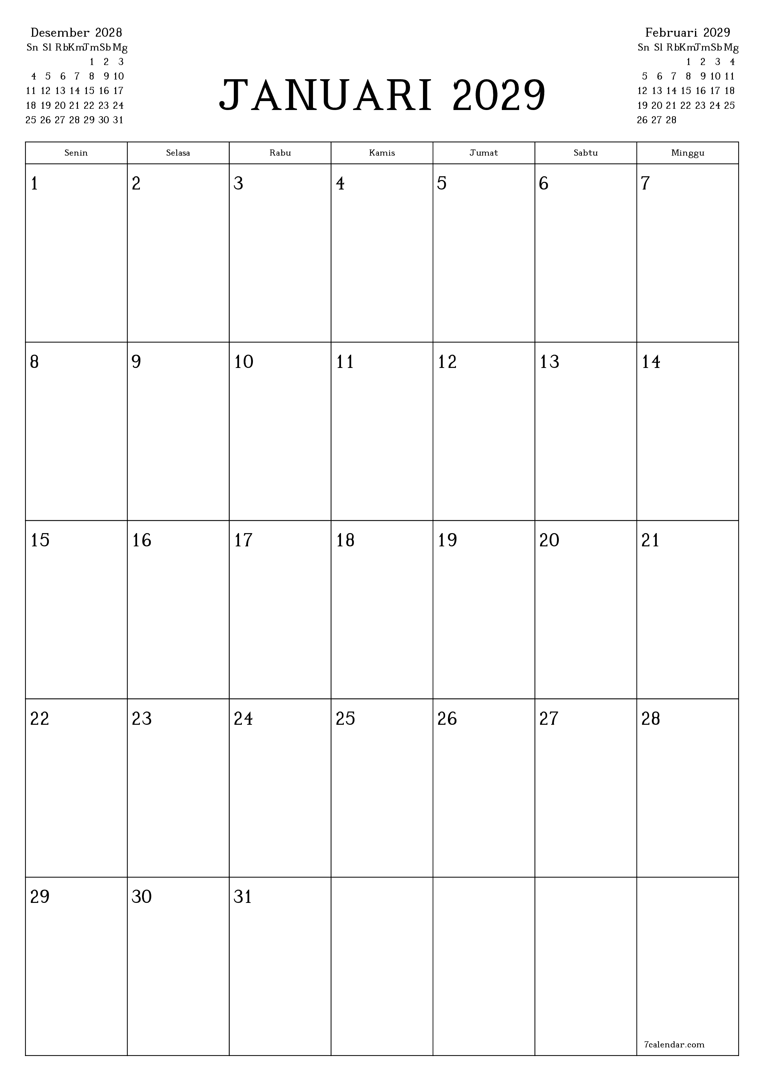 Kosongkan agenda bulanan untuk bulan Januari 2029 dengan catatan, simpan dan cetak ke PDF PNG Indonesian