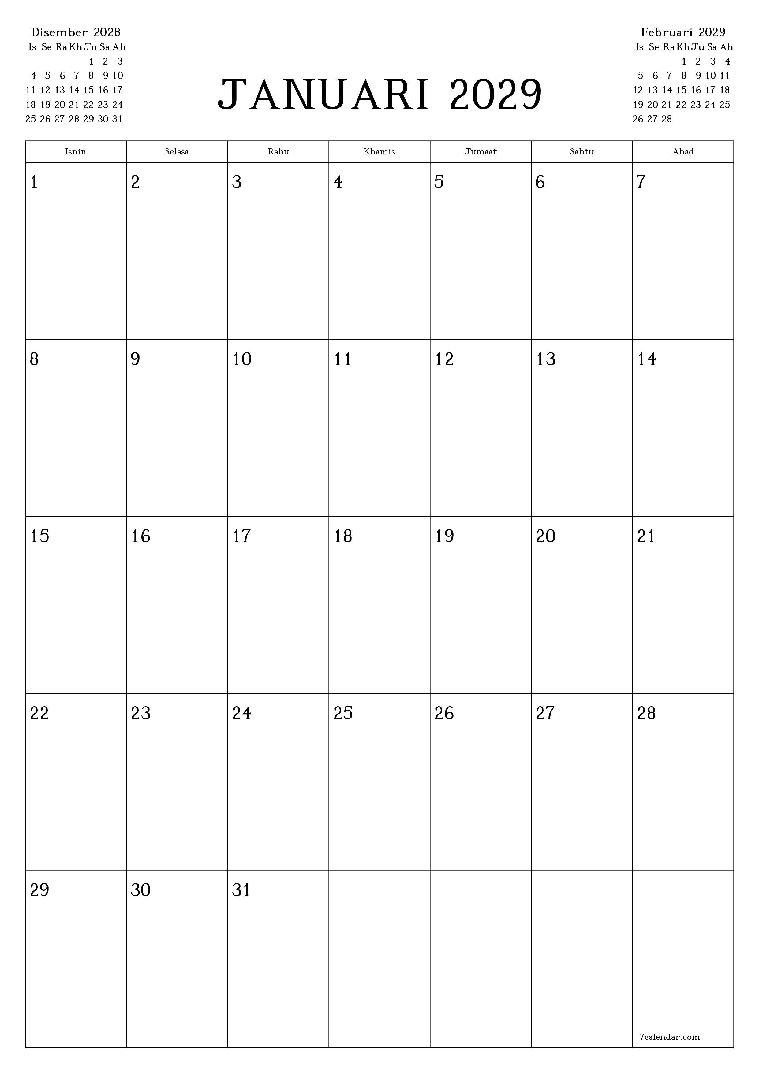  boleh cetak dinding templat percumamenegak Bulanan perancang kalendar Januari (Jan) 2029