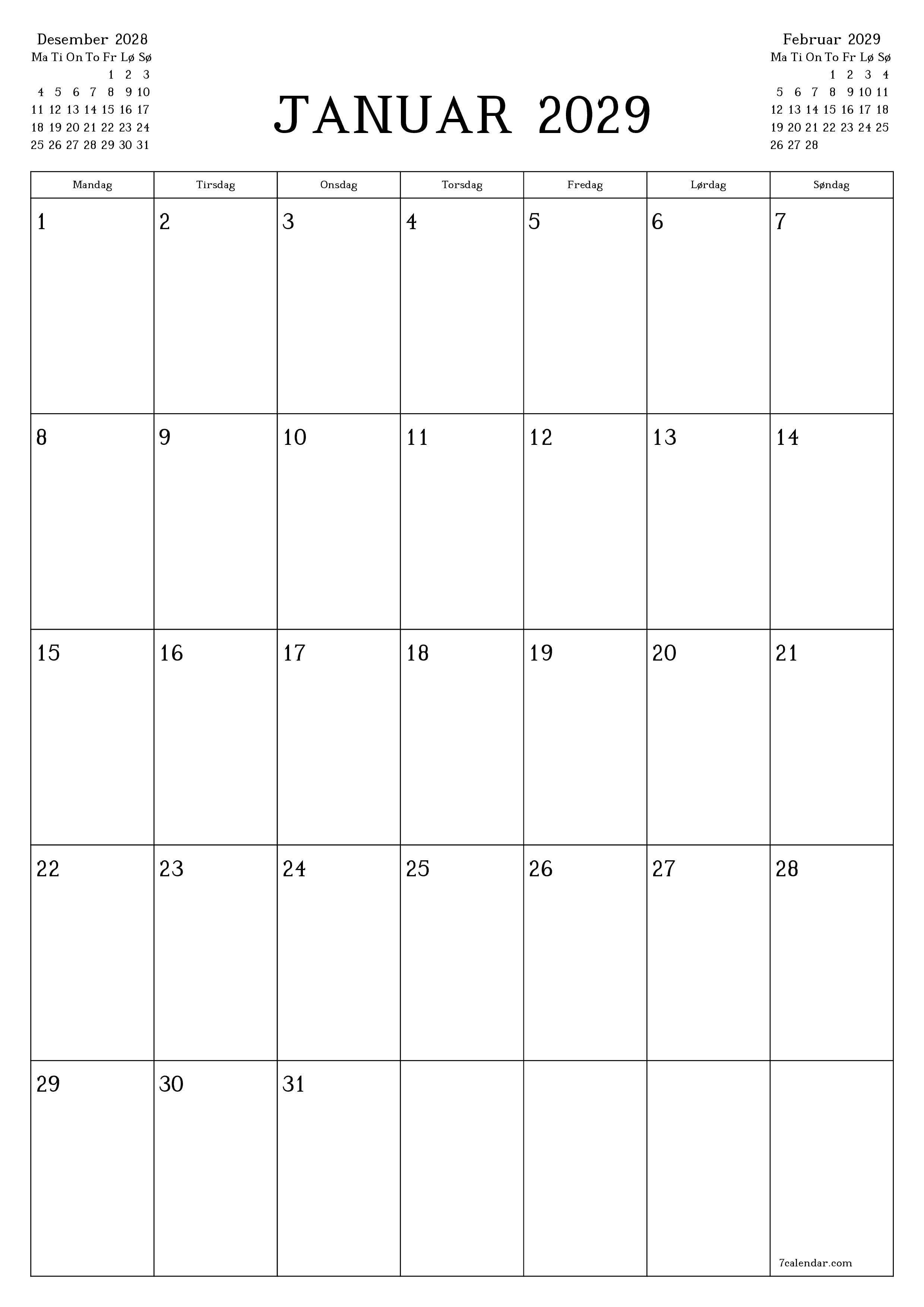 utskrivbar vegg mal gratis vertikal Månedlig planlegger kalender Januar (Jan) 2029
