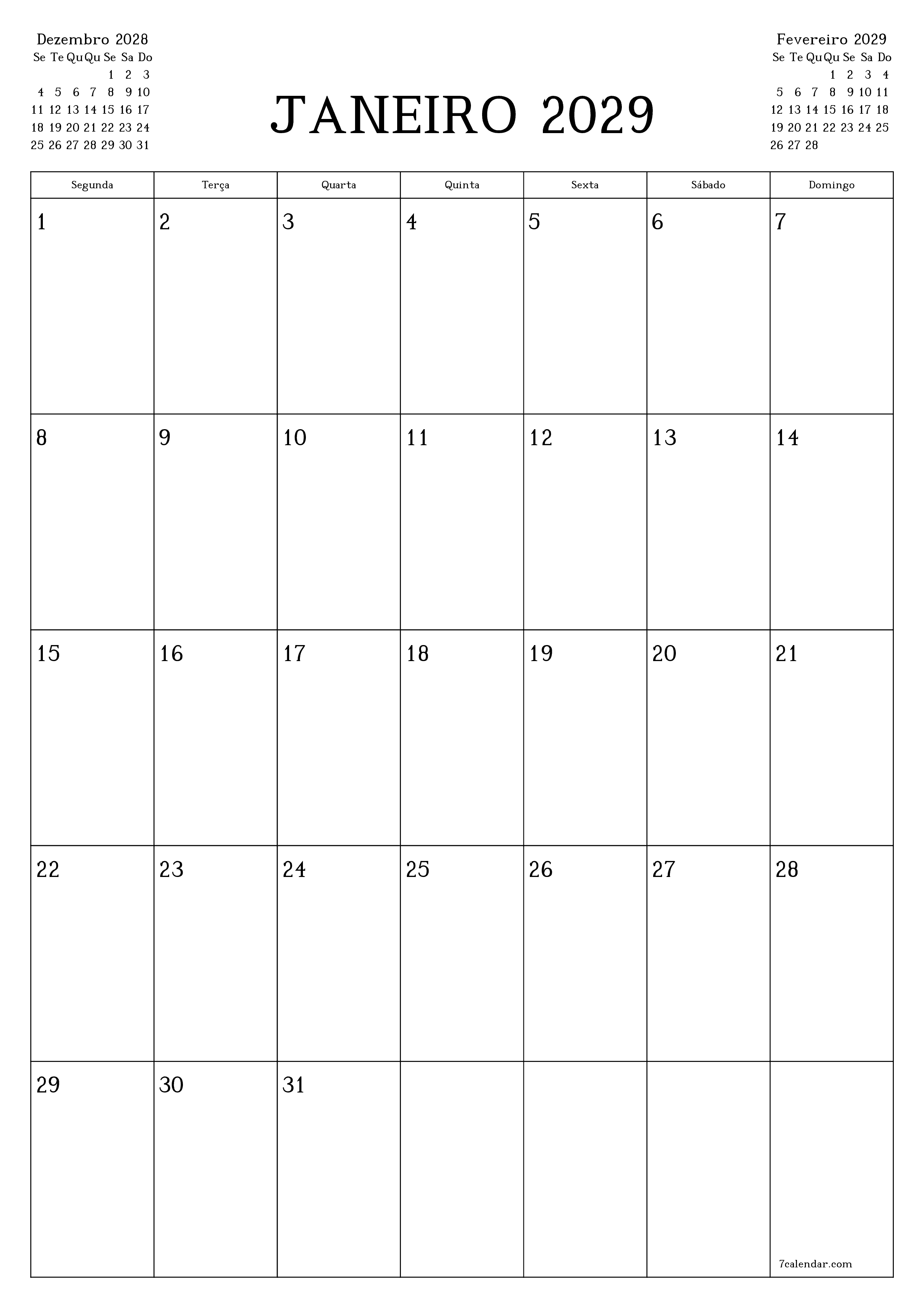  para impressão de parede modelo de grátisvertical Mensal planejador calendário Janeiro (Jan) 2029