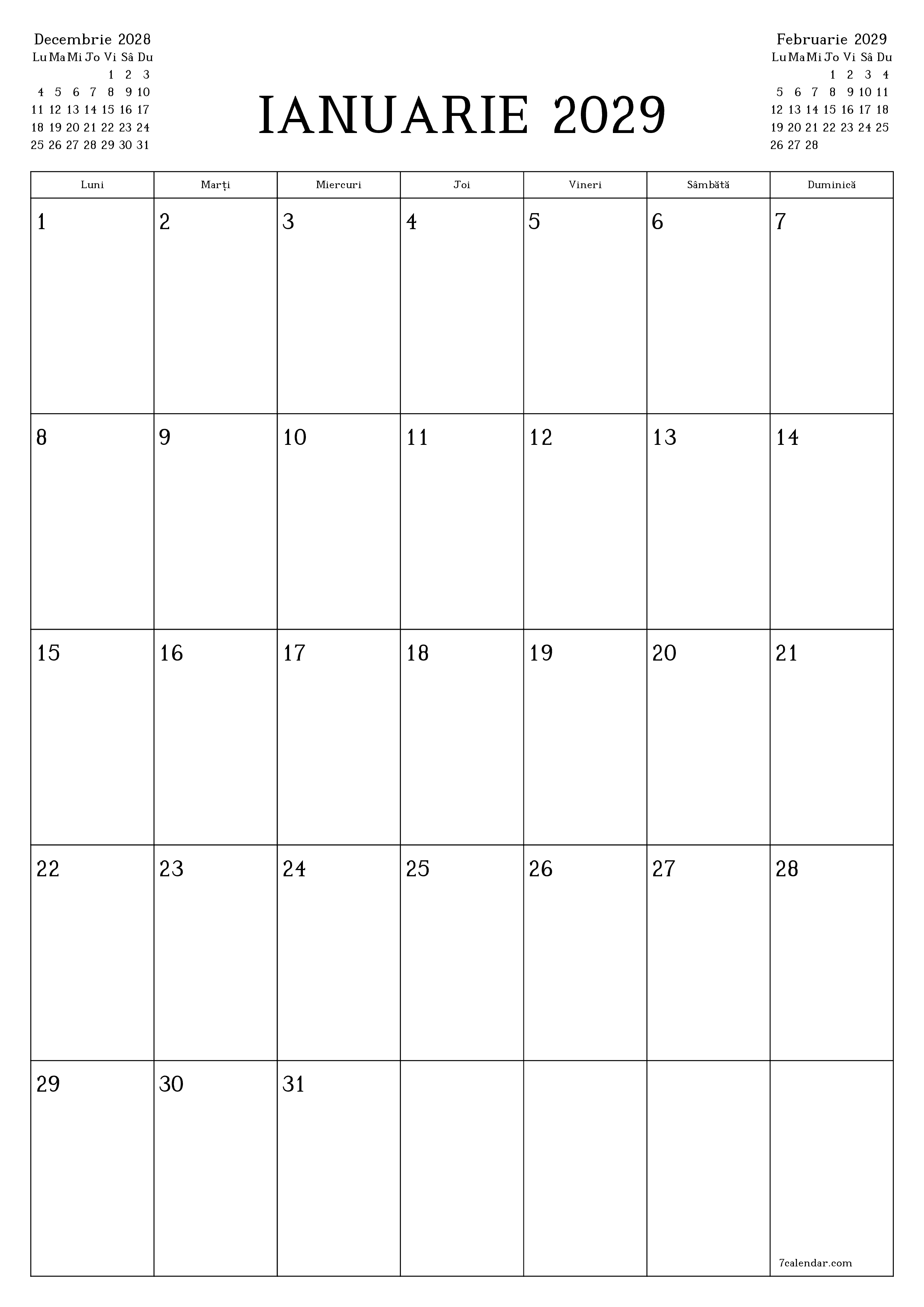  imprimabil de perete șablon de gratuitvertical Lunar planificator calendar Ianuarie (Ian) 2029