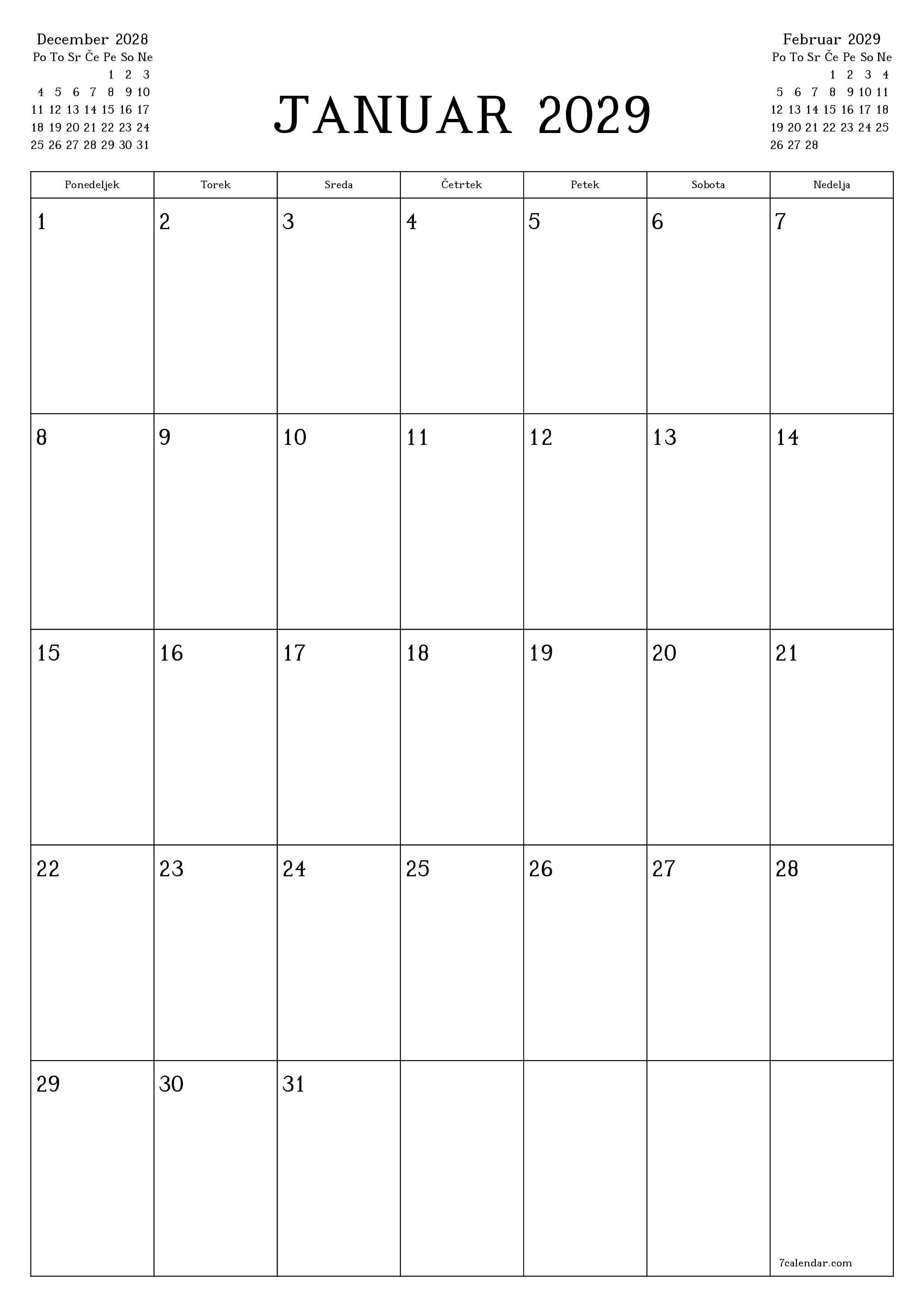 natisljiv stenski ska predloga brezplačni vertical Mesečno jadralno letalo koledar Januar (Jan) 2029