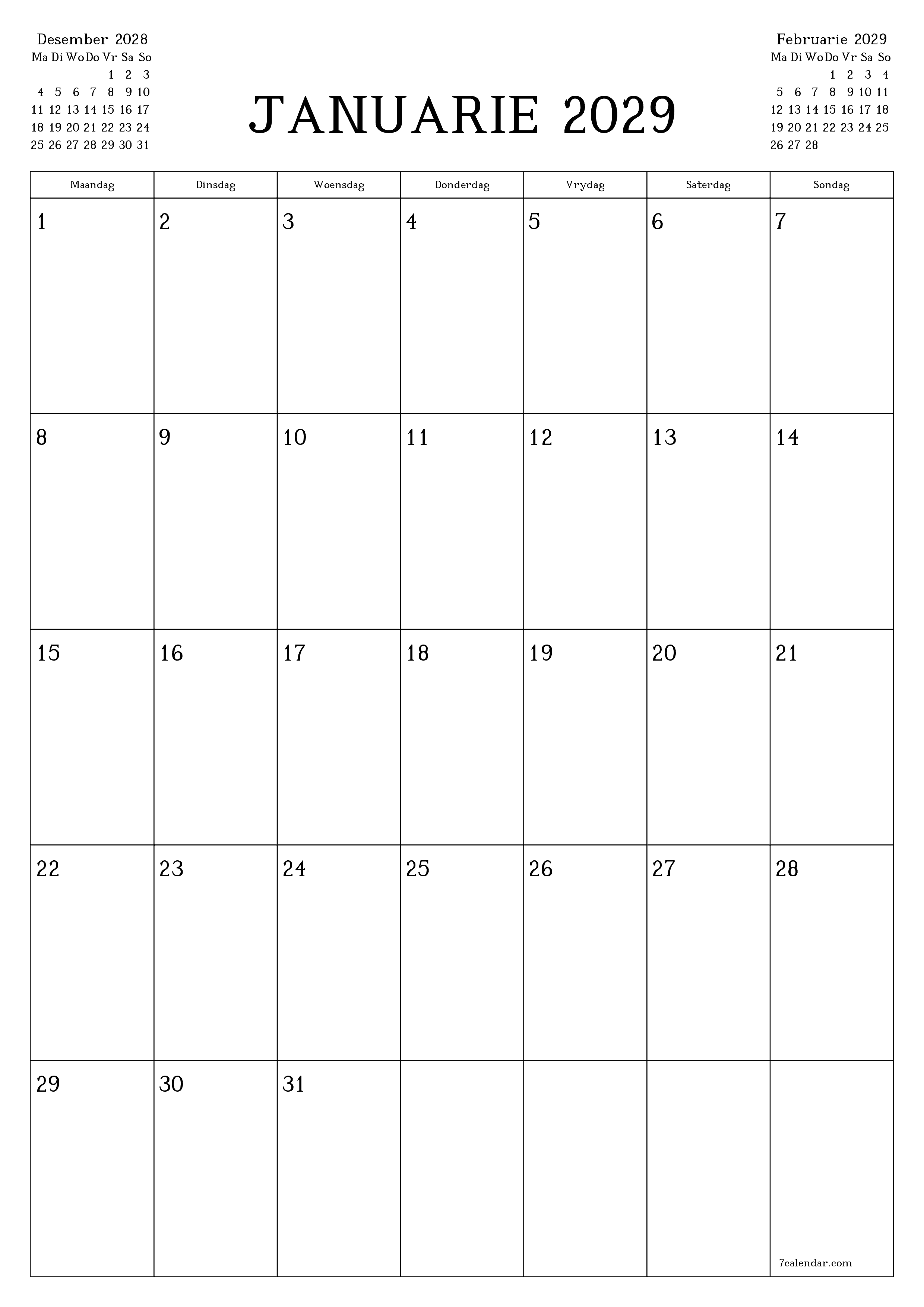 drukbare muur template gratis vertikaal Maandeliks beplanner kalender Januarie (Jan) 2029