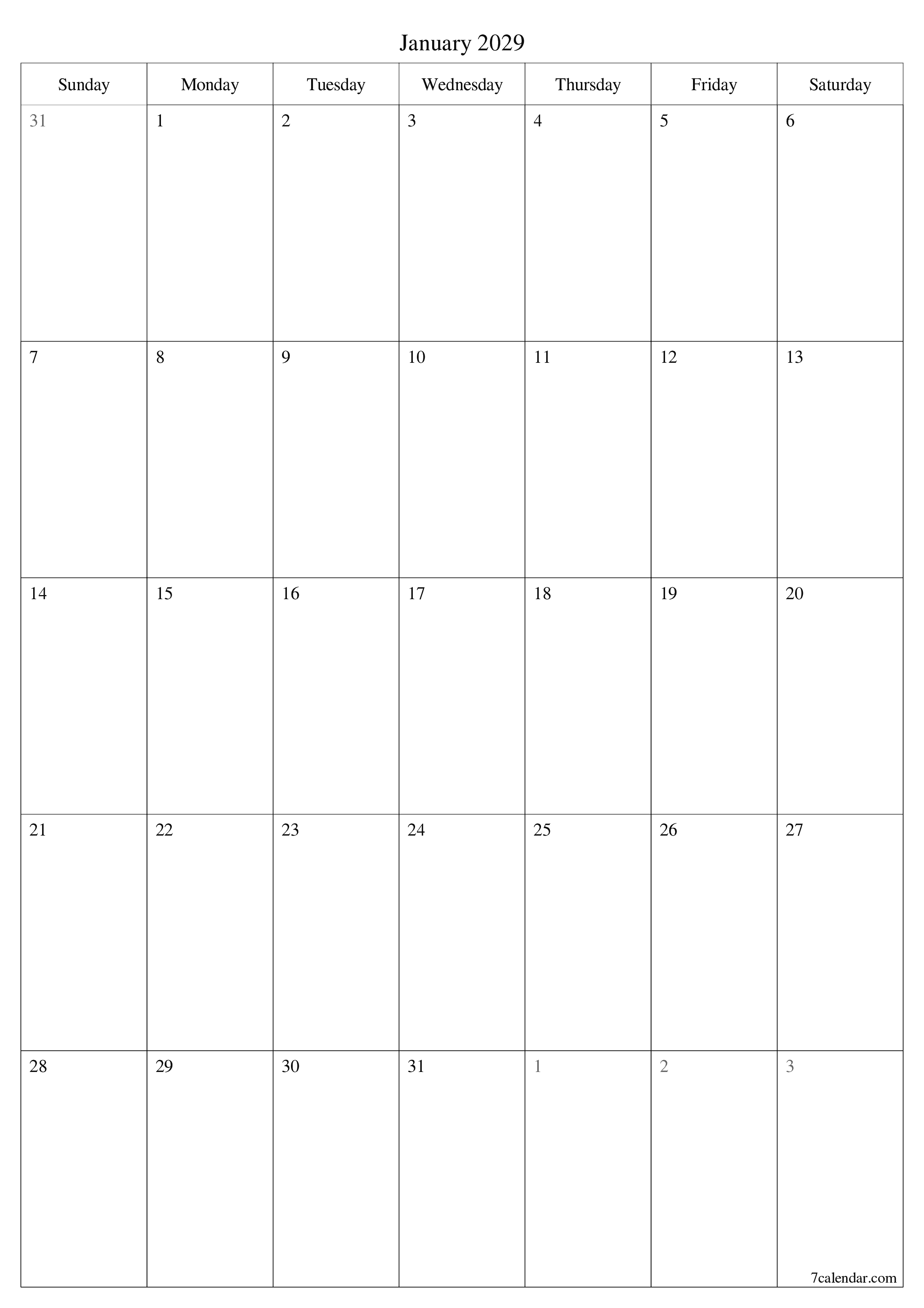 Blank calendar January 2029