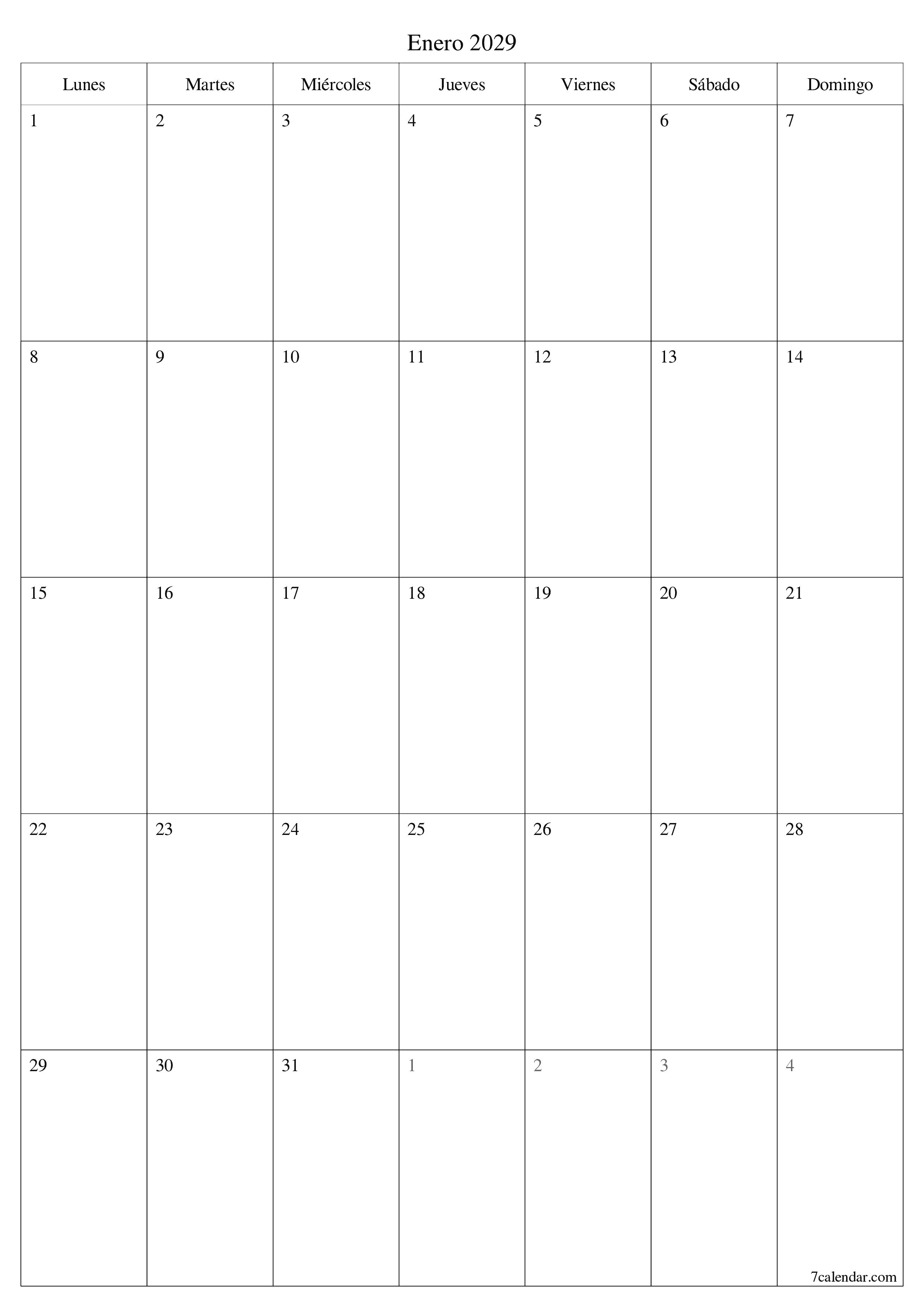  imprimible de pared plantilla de gratisvertical Mensual planificador calendario Enero (Ene) 2029