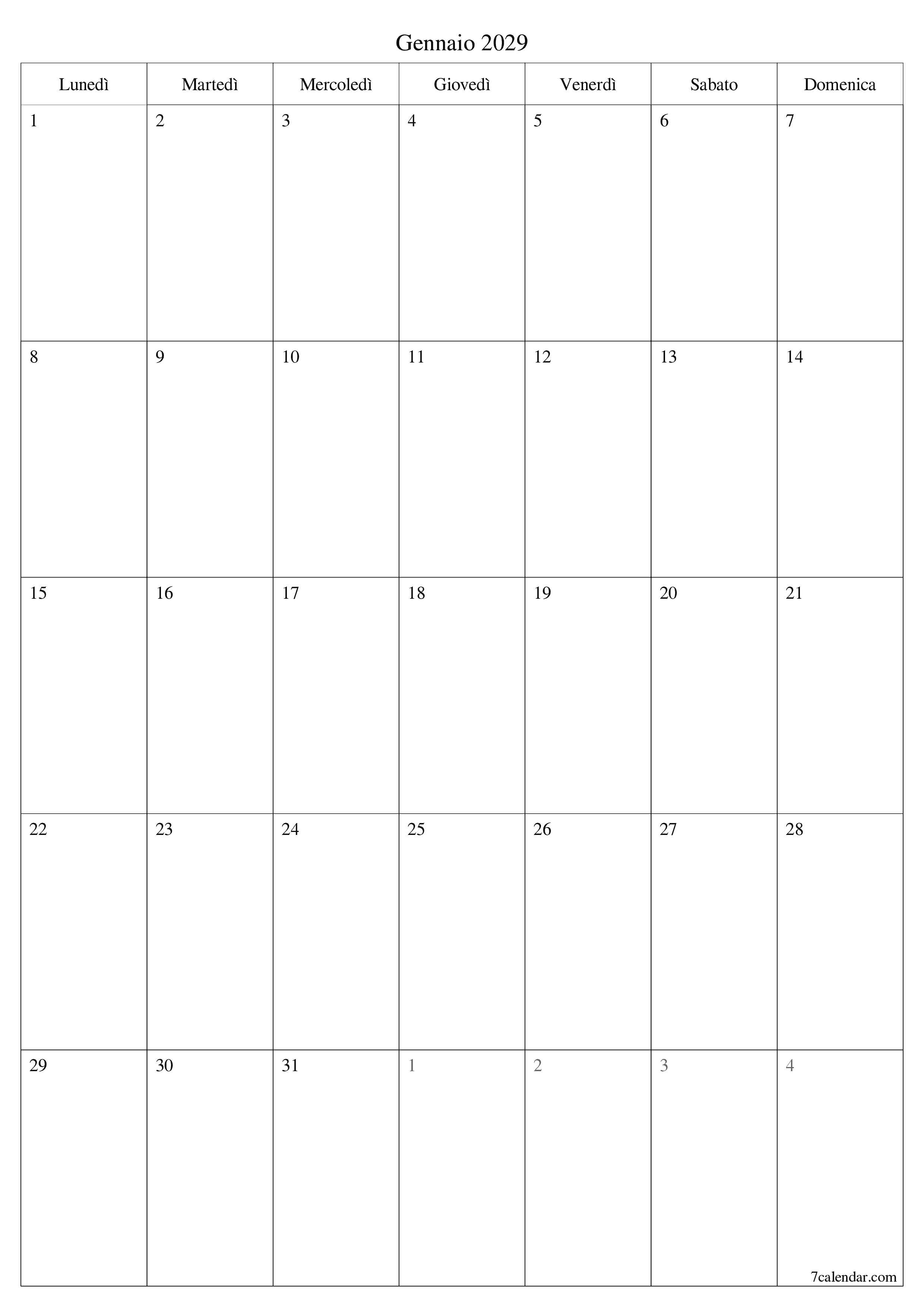 Pianificatore mensile vuoto per il mese Gennaio 2029 con note, salva e stampa in PDF PNG Italian