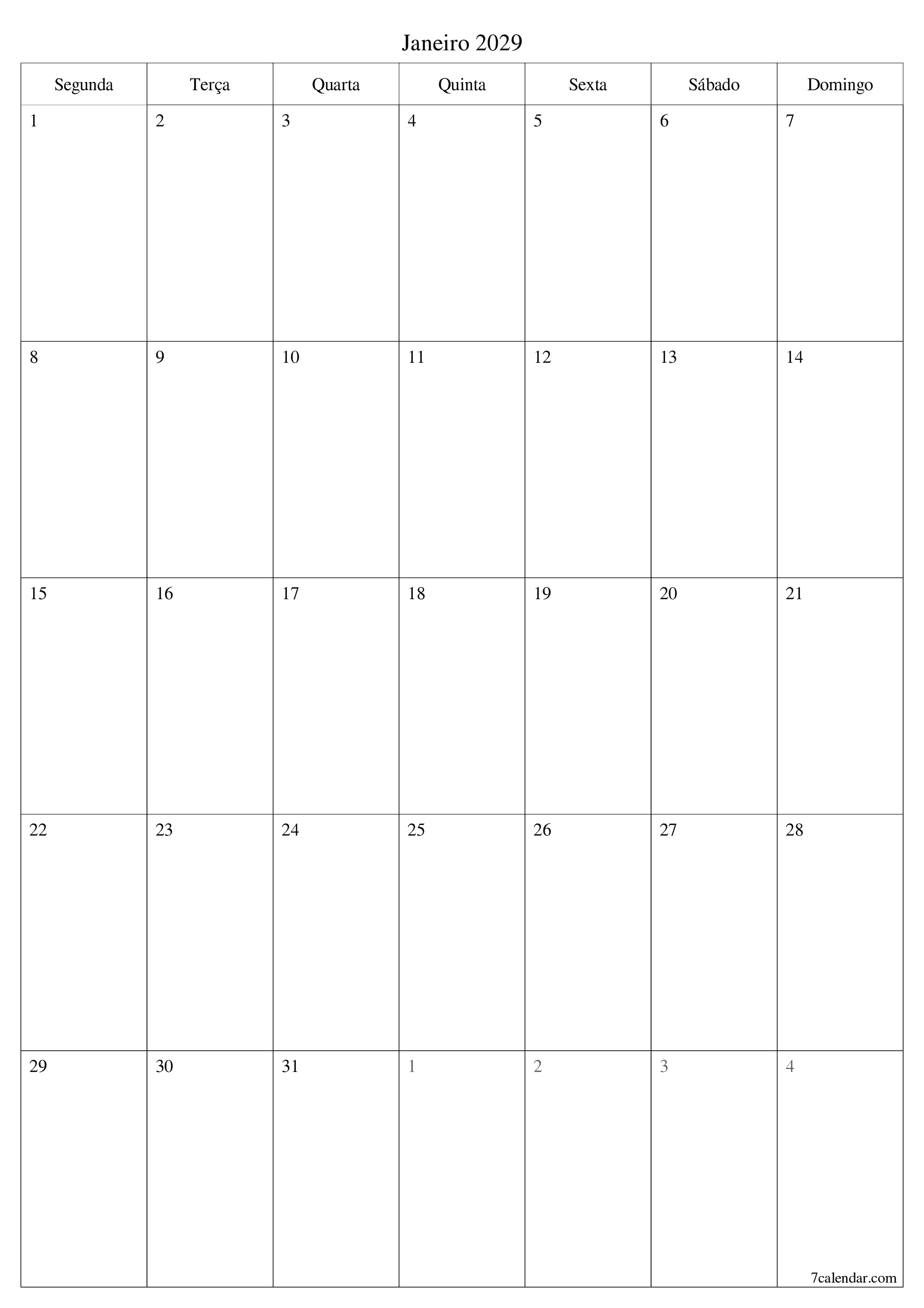  para impressão de parede modelo de grátisvertical Mensal planejador calendário Janeiro (Jan) 2029