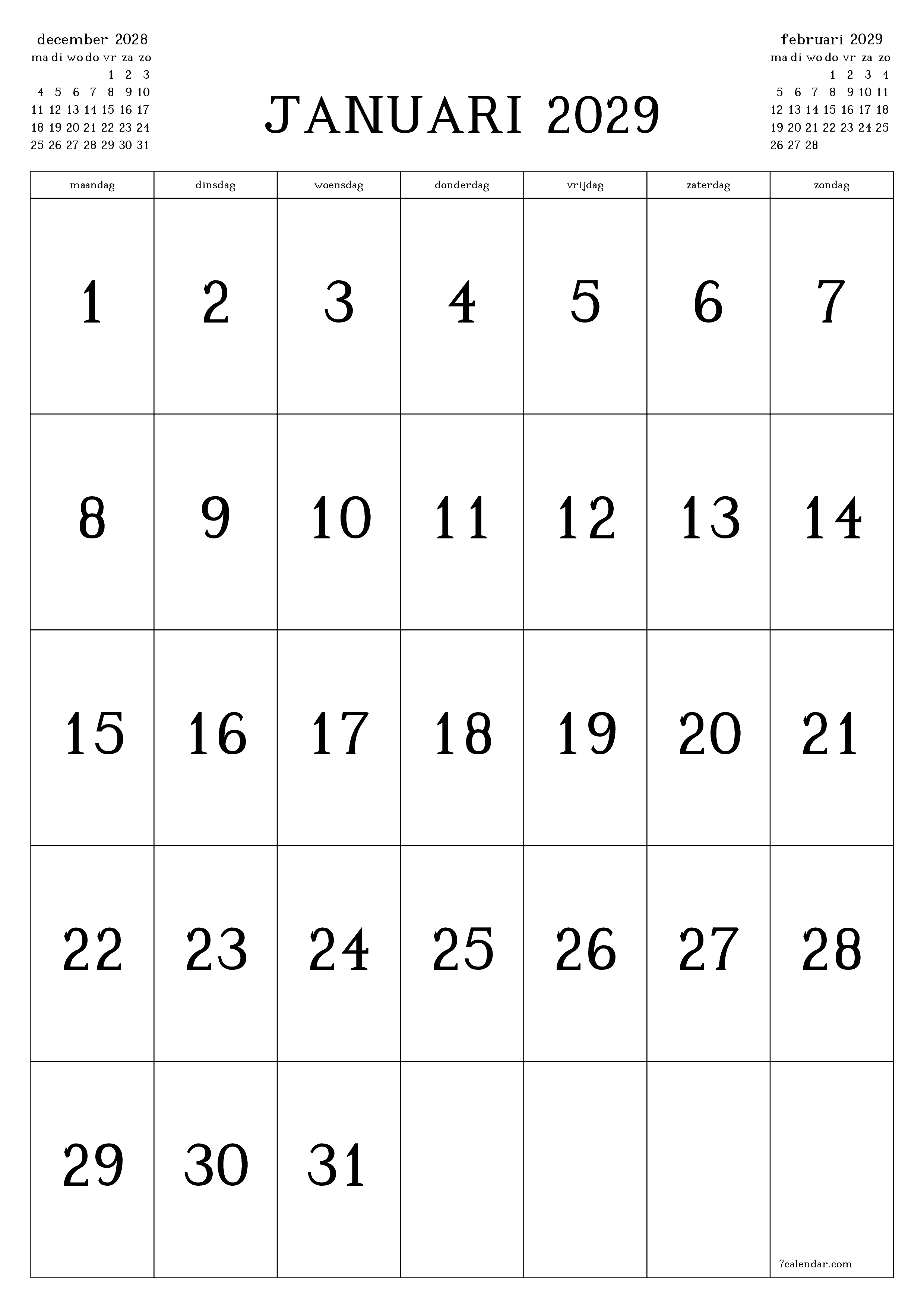 afdrukbare muur sjabloon gratis verticaal Maandelijks kalender januari (jan) 2029