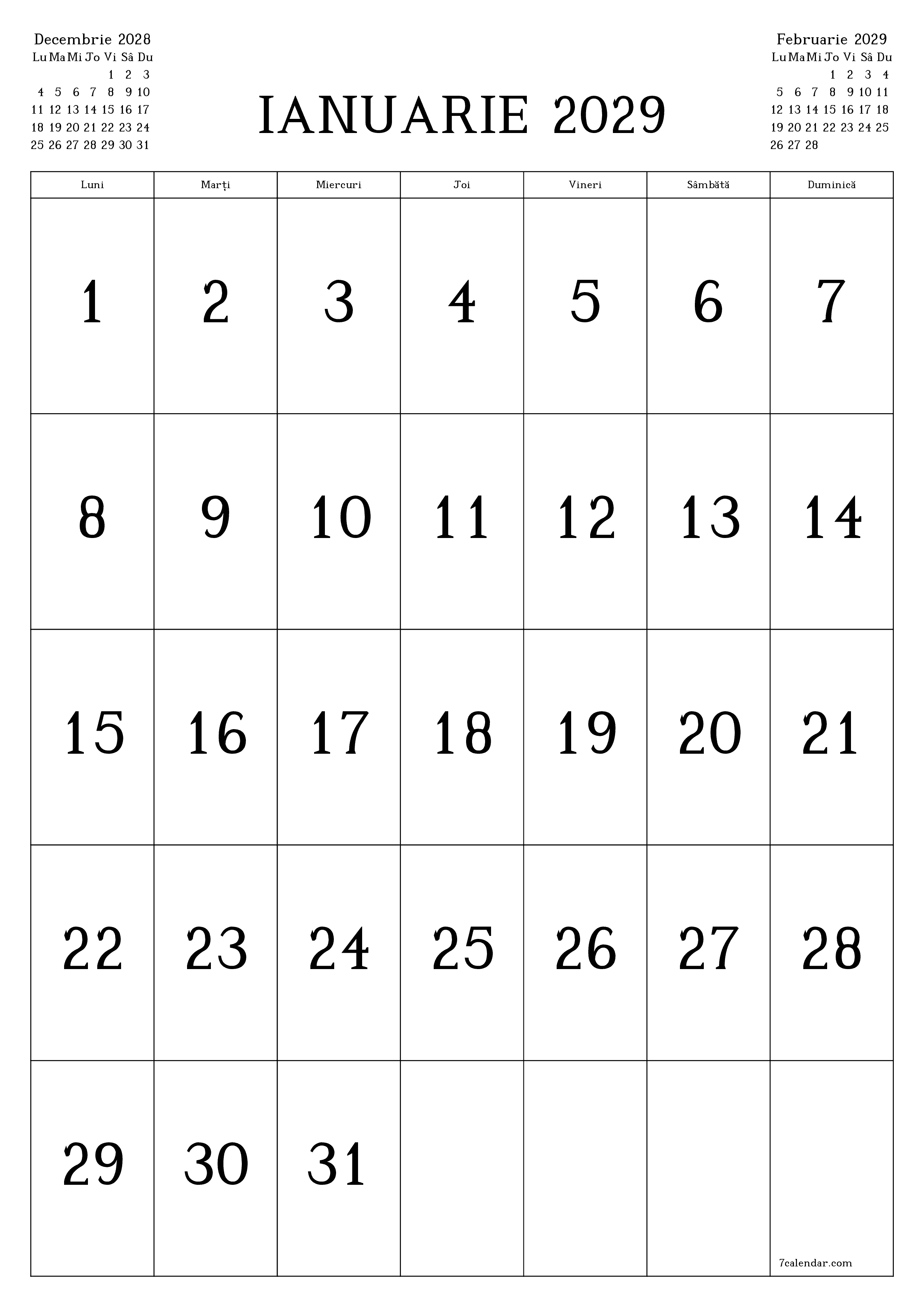  imprimabil de perete șablon de gratuitvertical Lunar calendar Ianuarie (Ian) 2029