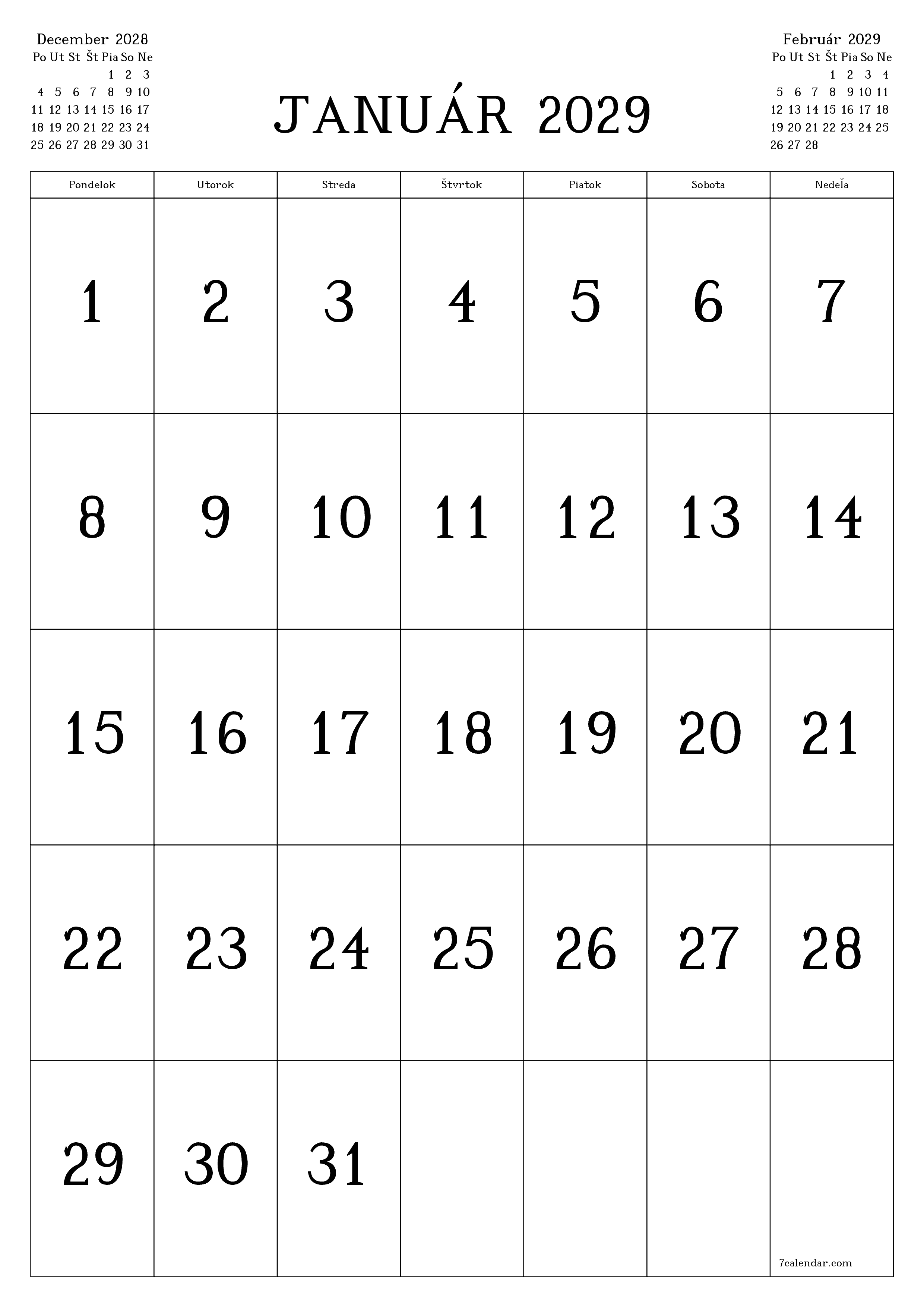 vytlačiteľný nástenný šablóna a bezplatný вертикальный Mesačne kalendár Január (Jan) 2029
