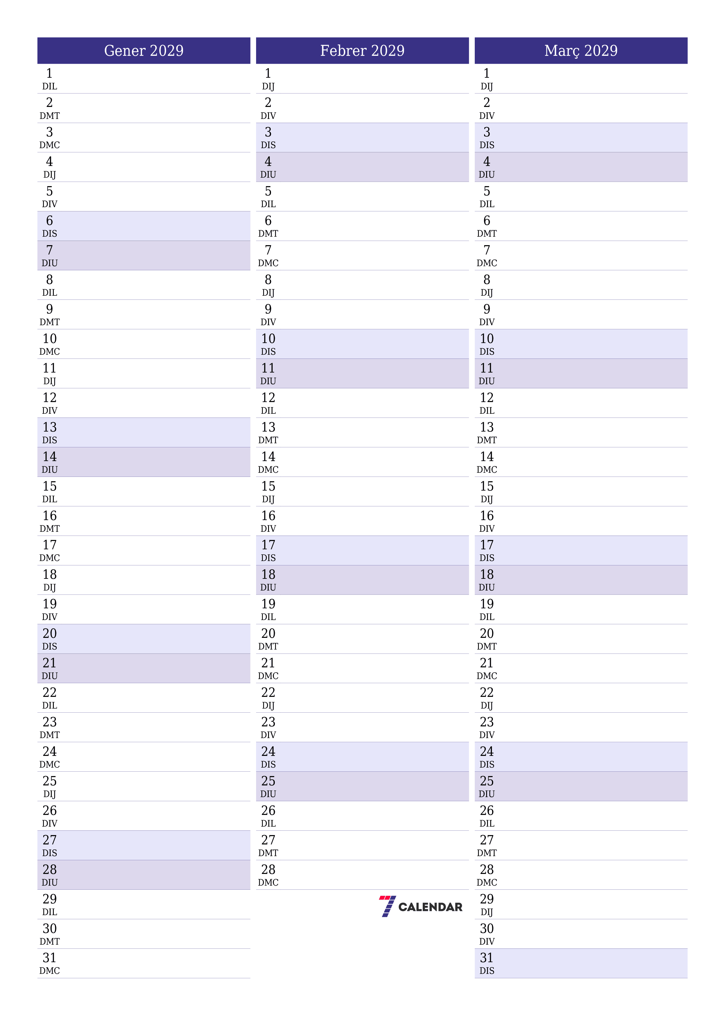  imprimible de paret plantilla de gratuïtvertical Mensual planificador calendari Gener (Gen) 2029