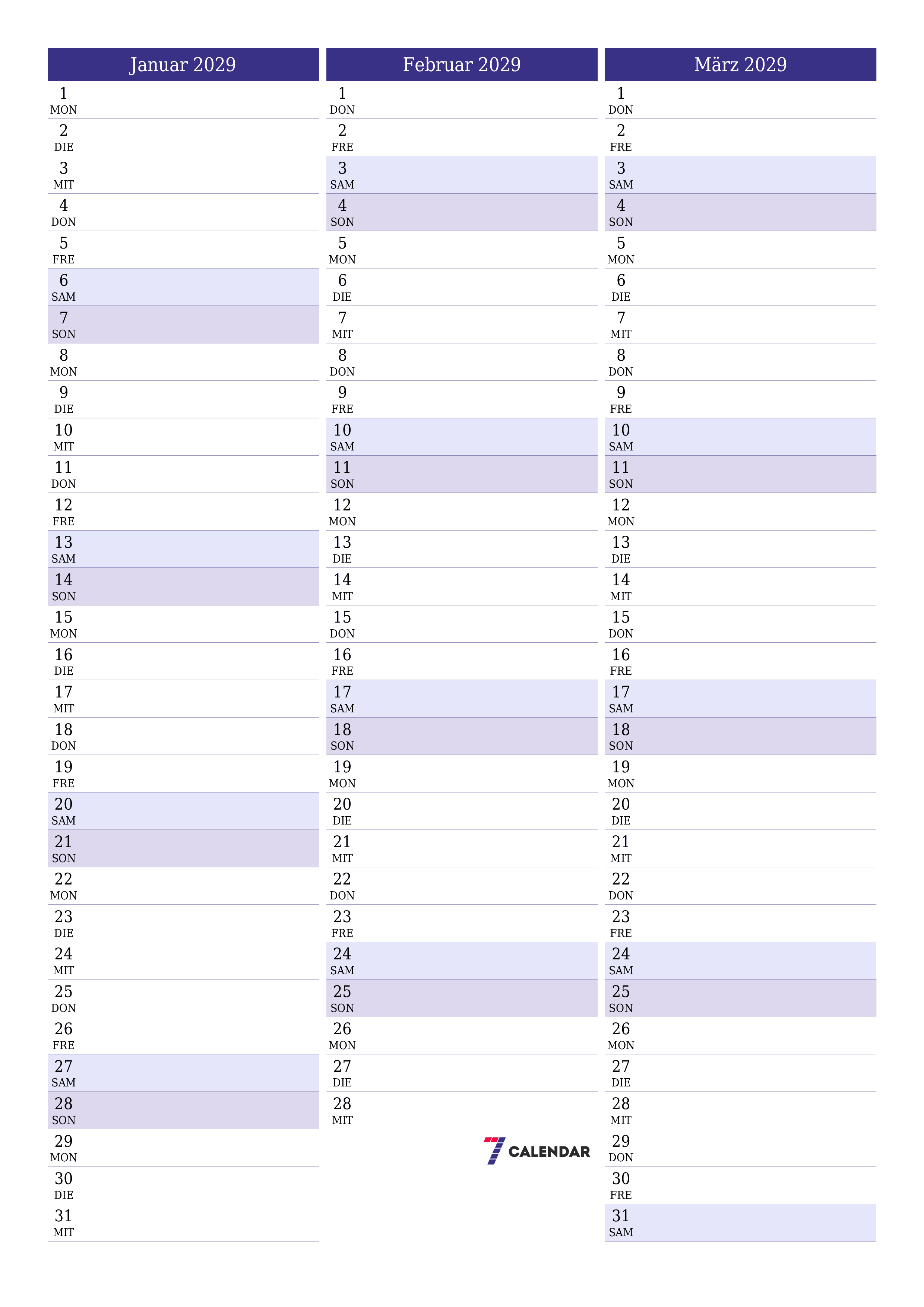  zum Ausdrucken Wandkalender vorlage kostenloser vertikal Monatlich Planer Kalender Januar (Jan) 2029