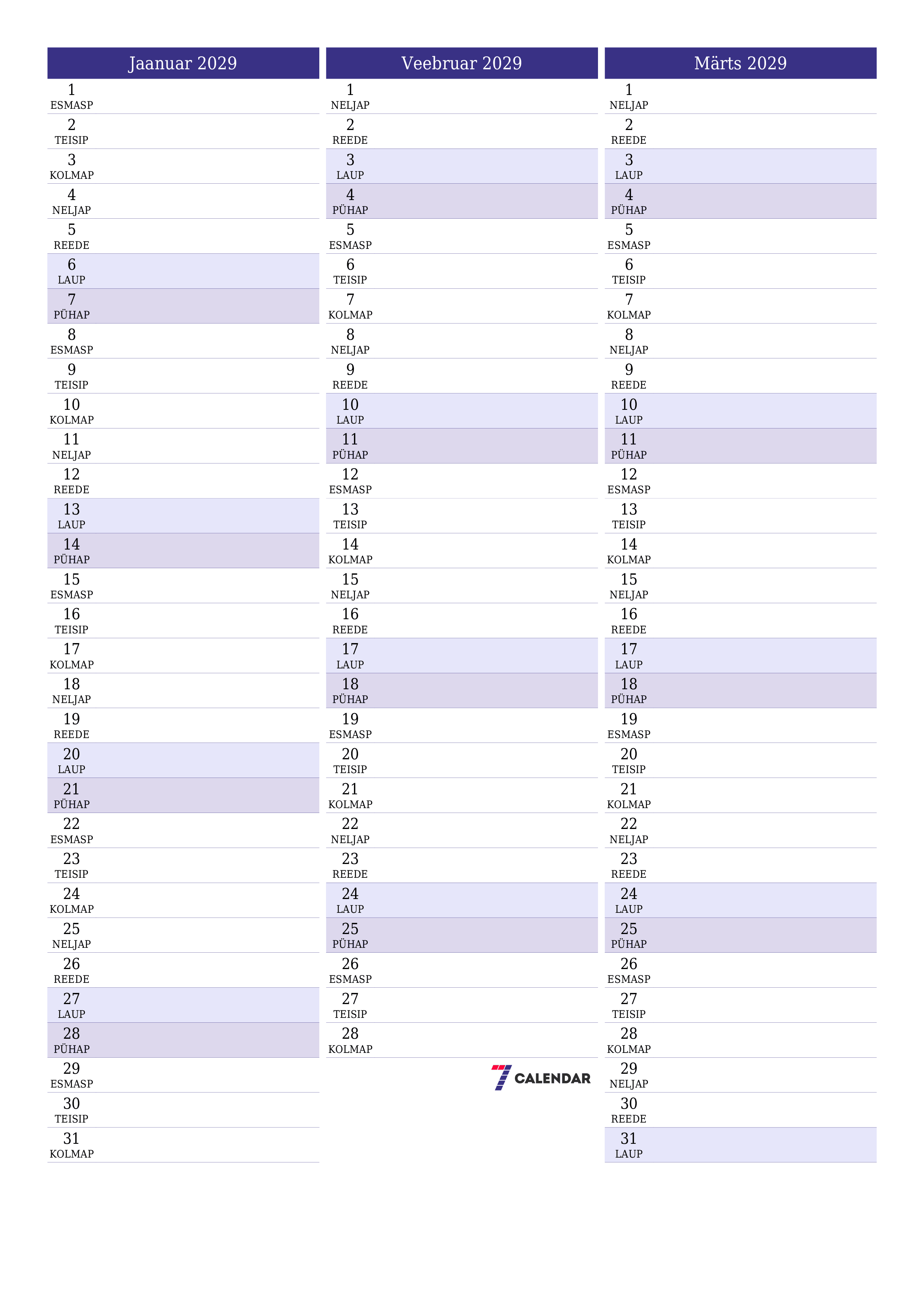 prinditav seina kalendri mall tasuta vertikaalne Igakuine planeerija kalender Jaanuar (Jaan) 2029