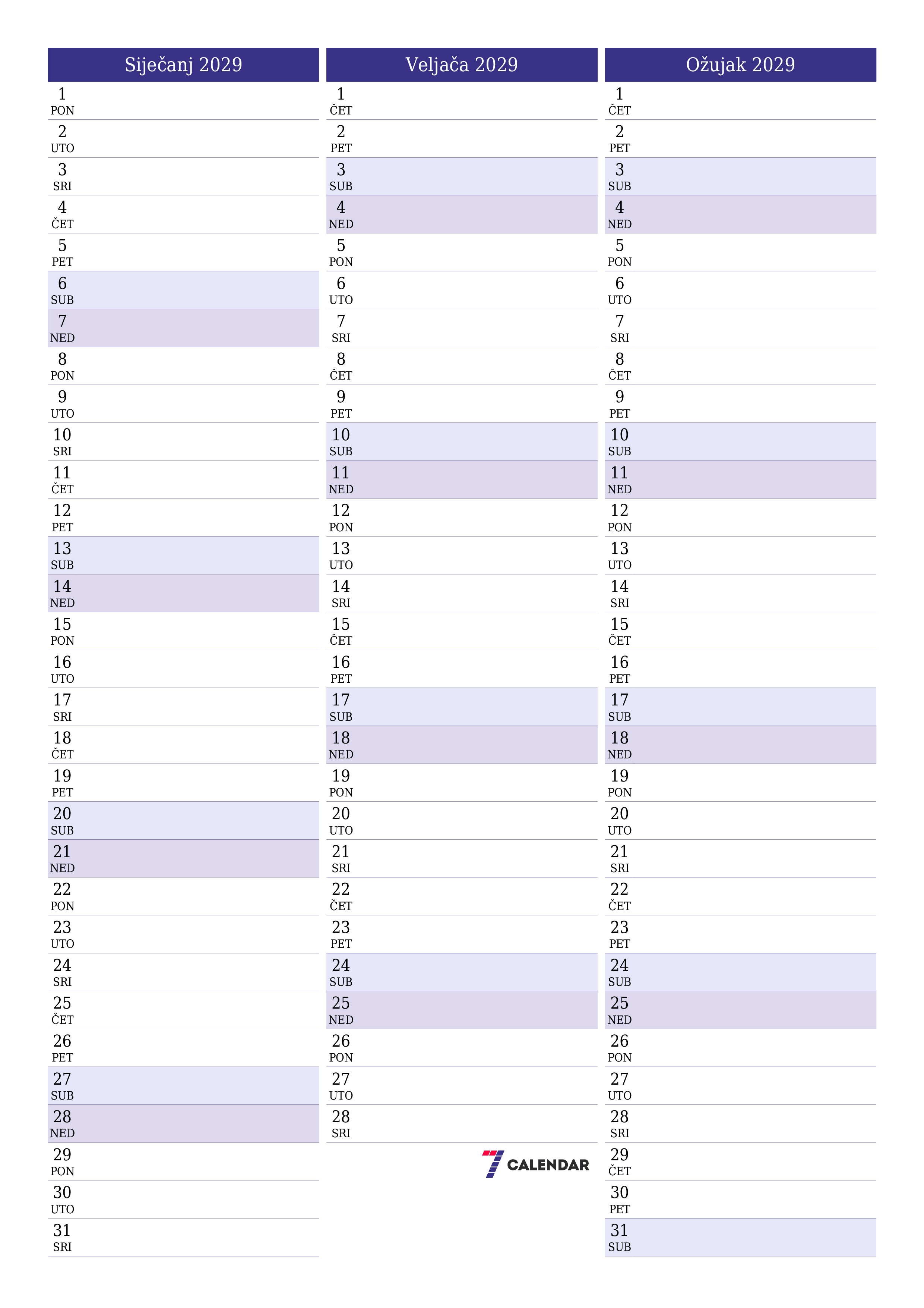  za ispis zidni predložak a besplatni okomito Mjesečni planer kalendar Siječanj (Sij) 2029