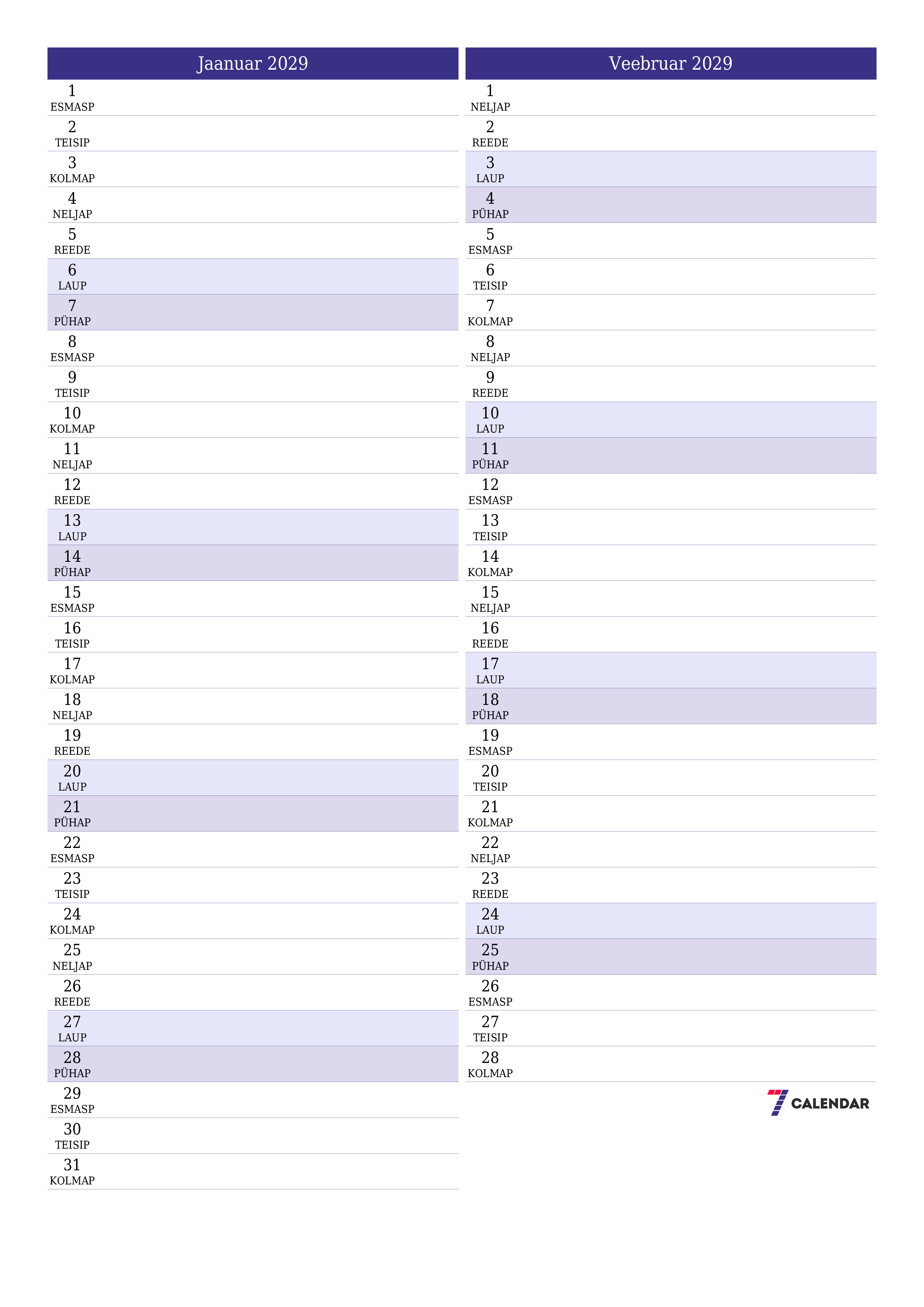 prinditav seina kalendri mall tasuta vertikaalne Igakuine planeerija kalender Jaanuar (Jaan) 2029