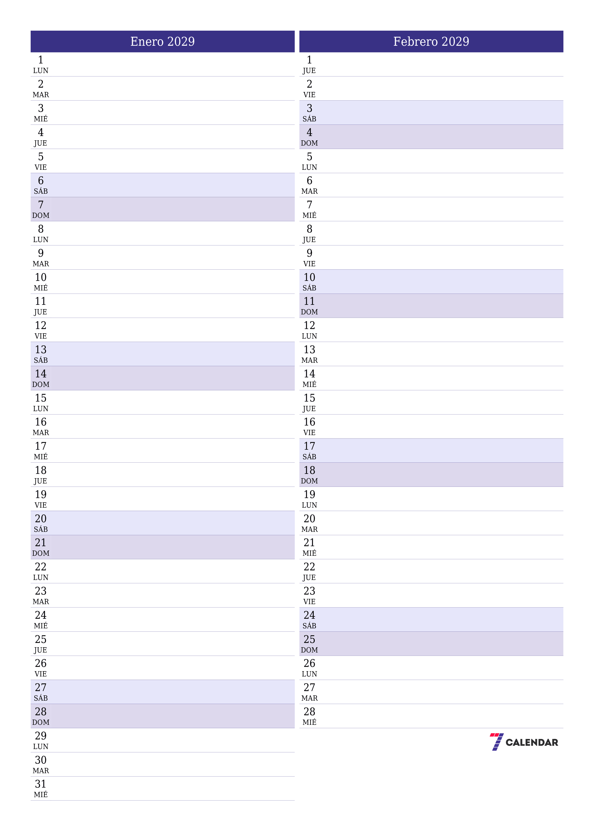  imprimible de pared plantilla de gratisvertical Mensual planificador calendario Enero (Ene) 2029