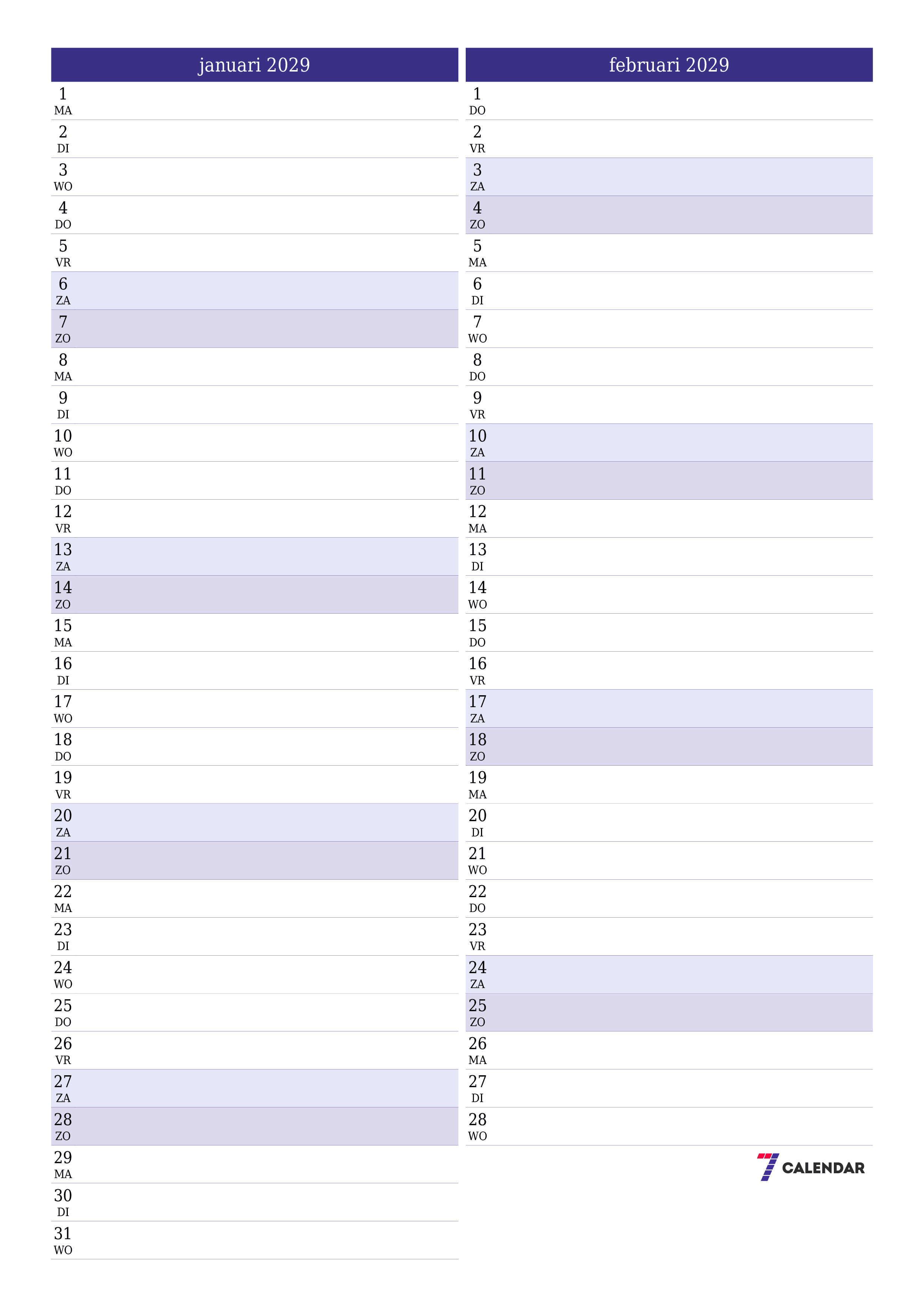afdrukbare muur sjabloon gratis verticaal Maandelijks planner kalender januari (jan) 2029