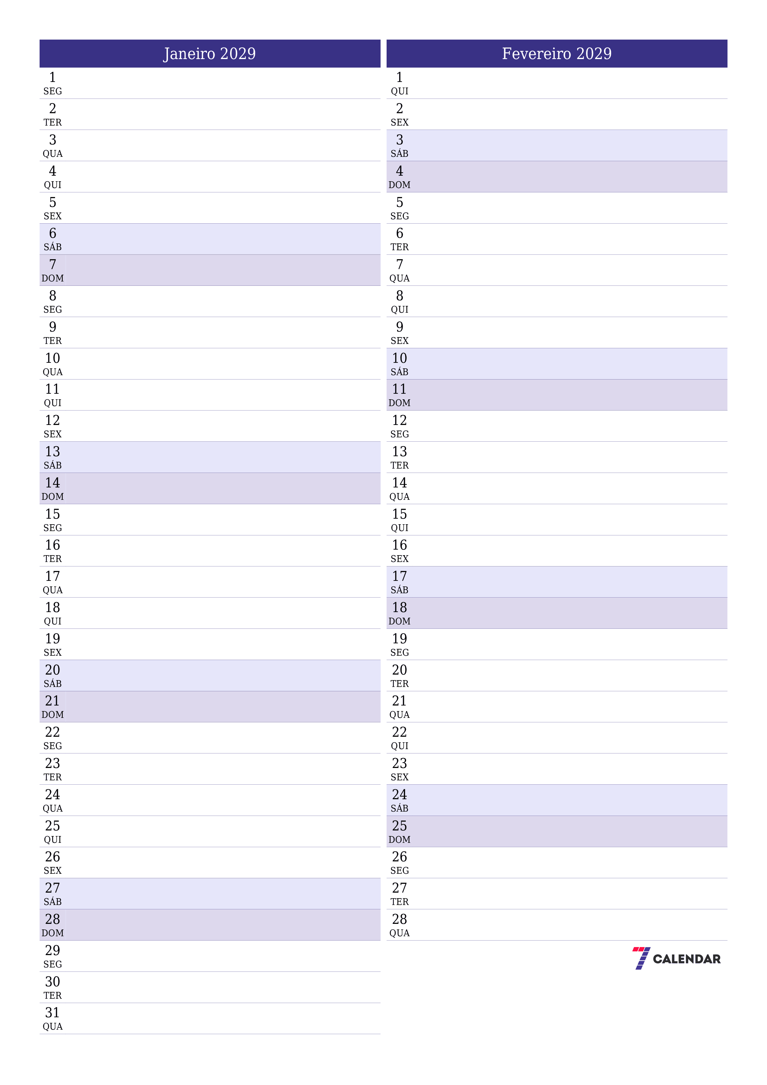  para impressão de parede modelo de grátisvertical Mensal planejador calendário Janeiro (Jan) 2029