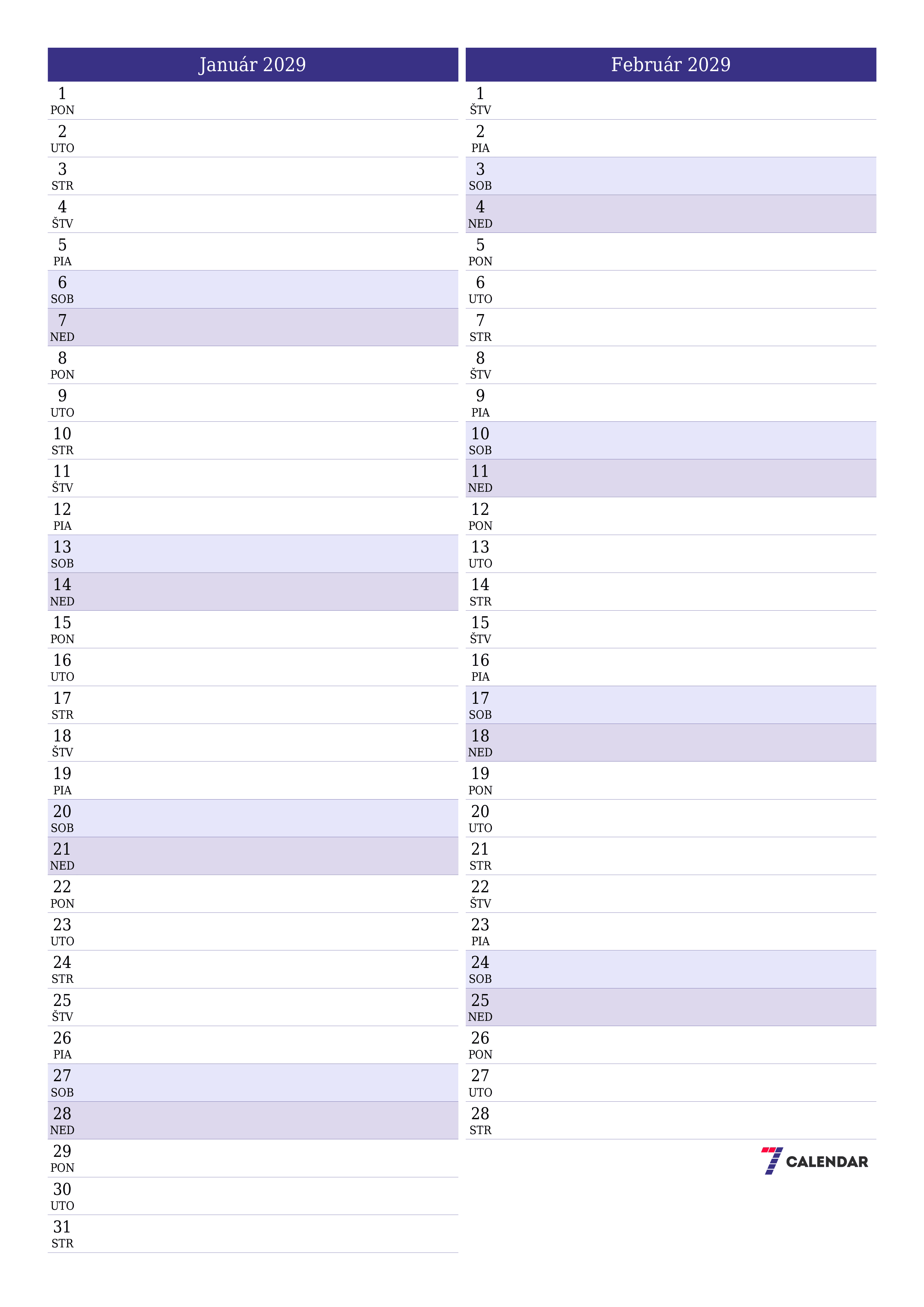 vytlačiteľný nástenný šablóna a bezplatný вертикальный Mesačne plánovač kalendár Január (Jan) 2029