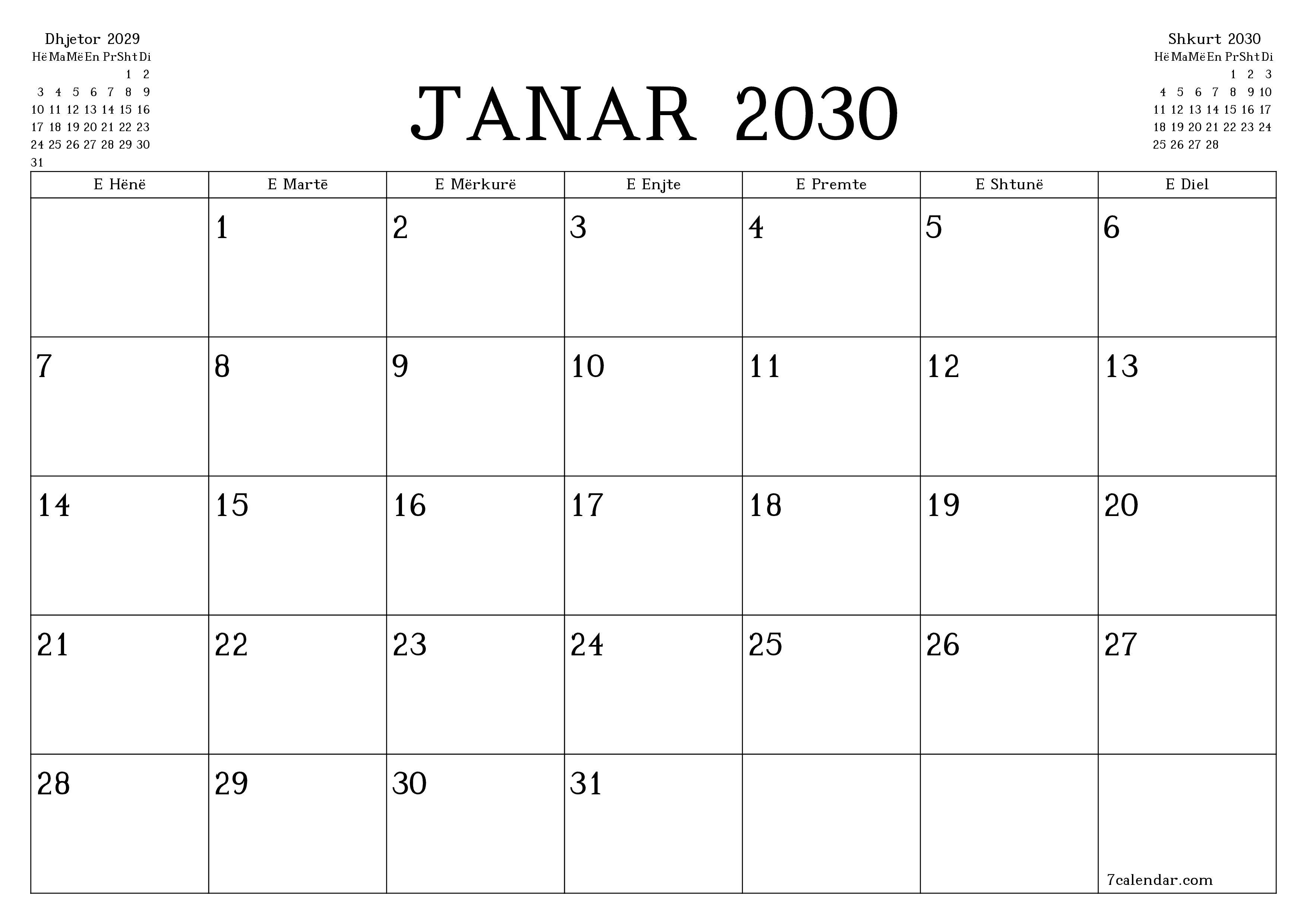 Planifikuesi i zbrazët i kalendarit mujor për muajin Janar 2030 me shënime të ruajtura dhe të printuara në PDF PNG Albanian