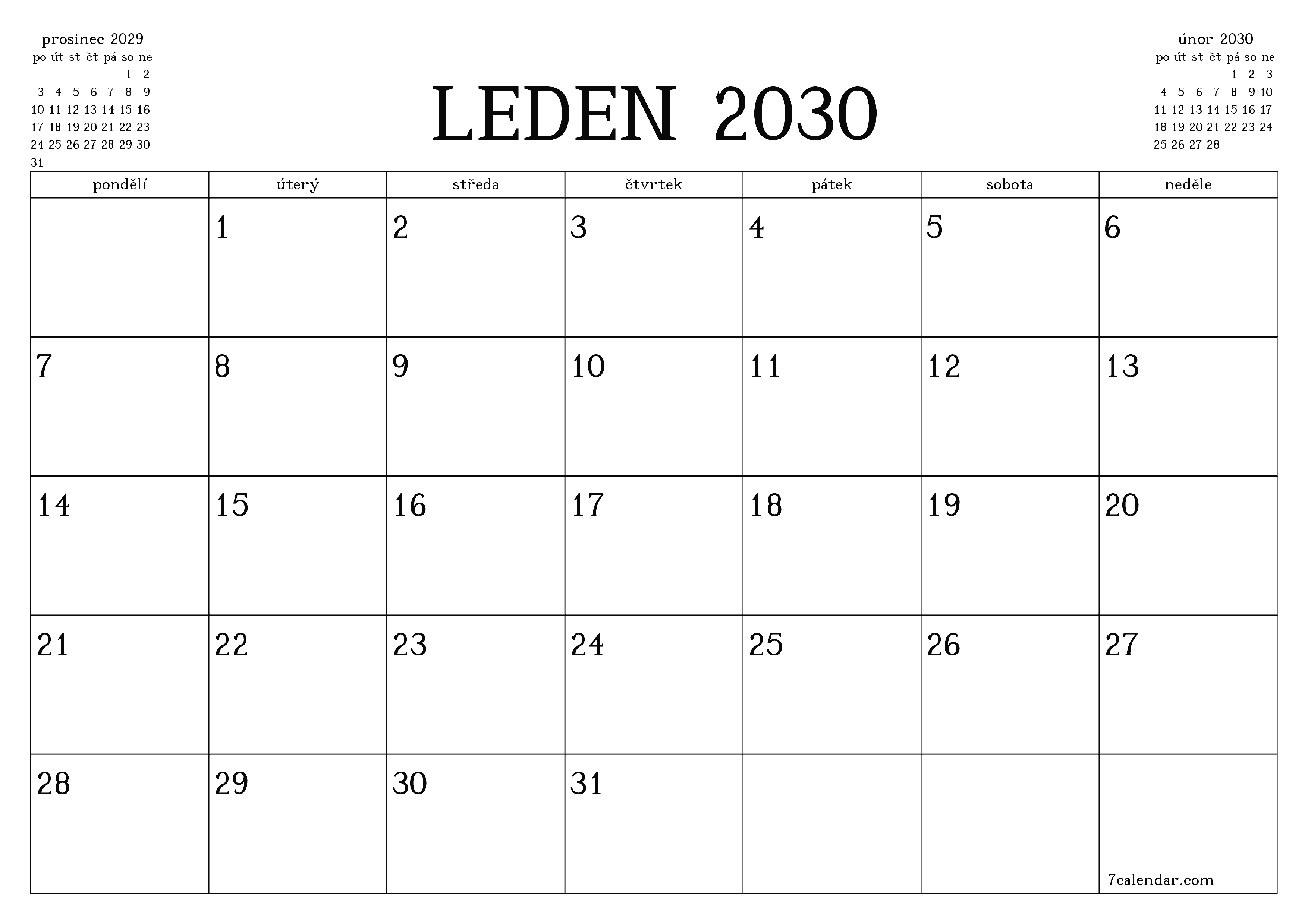 Vyprázdnit měsíční plánovač na měsíc leden 2030 s poznámkami, uložit a vytisknout do PDF PNG Czech