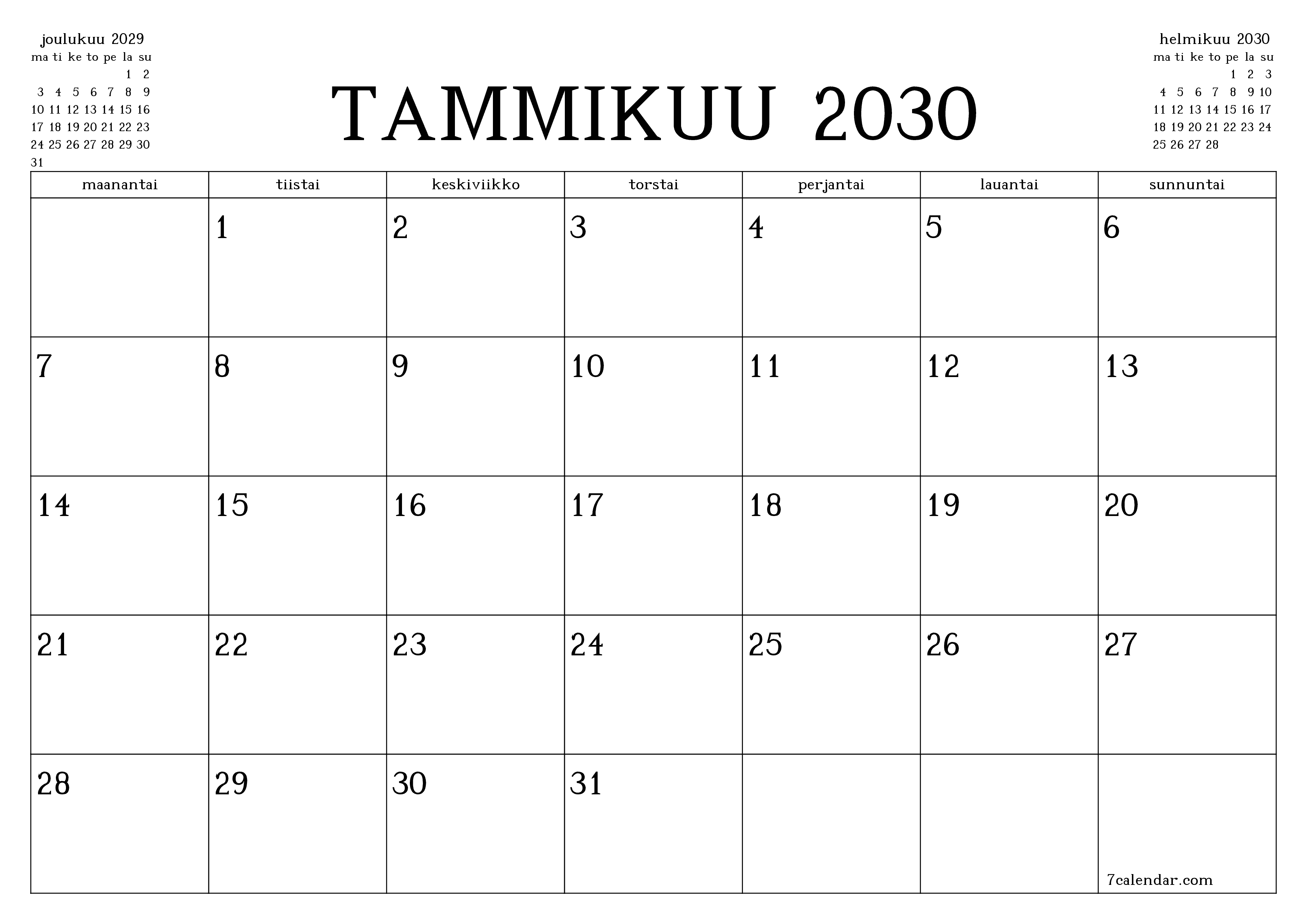 Tyhjennä kuukausittainen suunnittelija kuukaudelle Tammikuu 2030 muistiinpanoilla, tallenna ja tulosta PDF-muotoon PNG Finnish