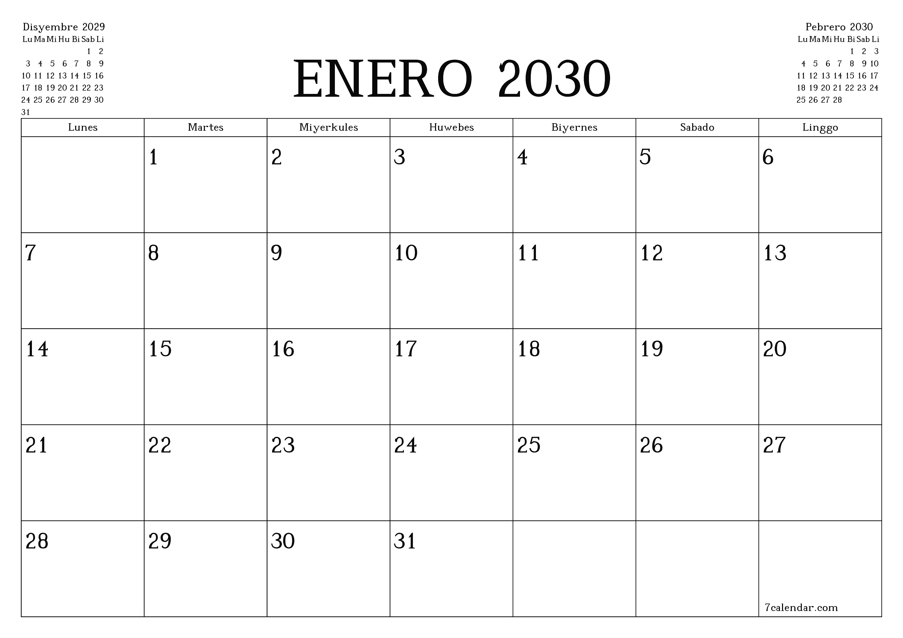 Walang laman na buwanang tagaplano para sa buwan na Enero 2030 na may mga tala, i-save at i-print sa PDF PNG Filipino