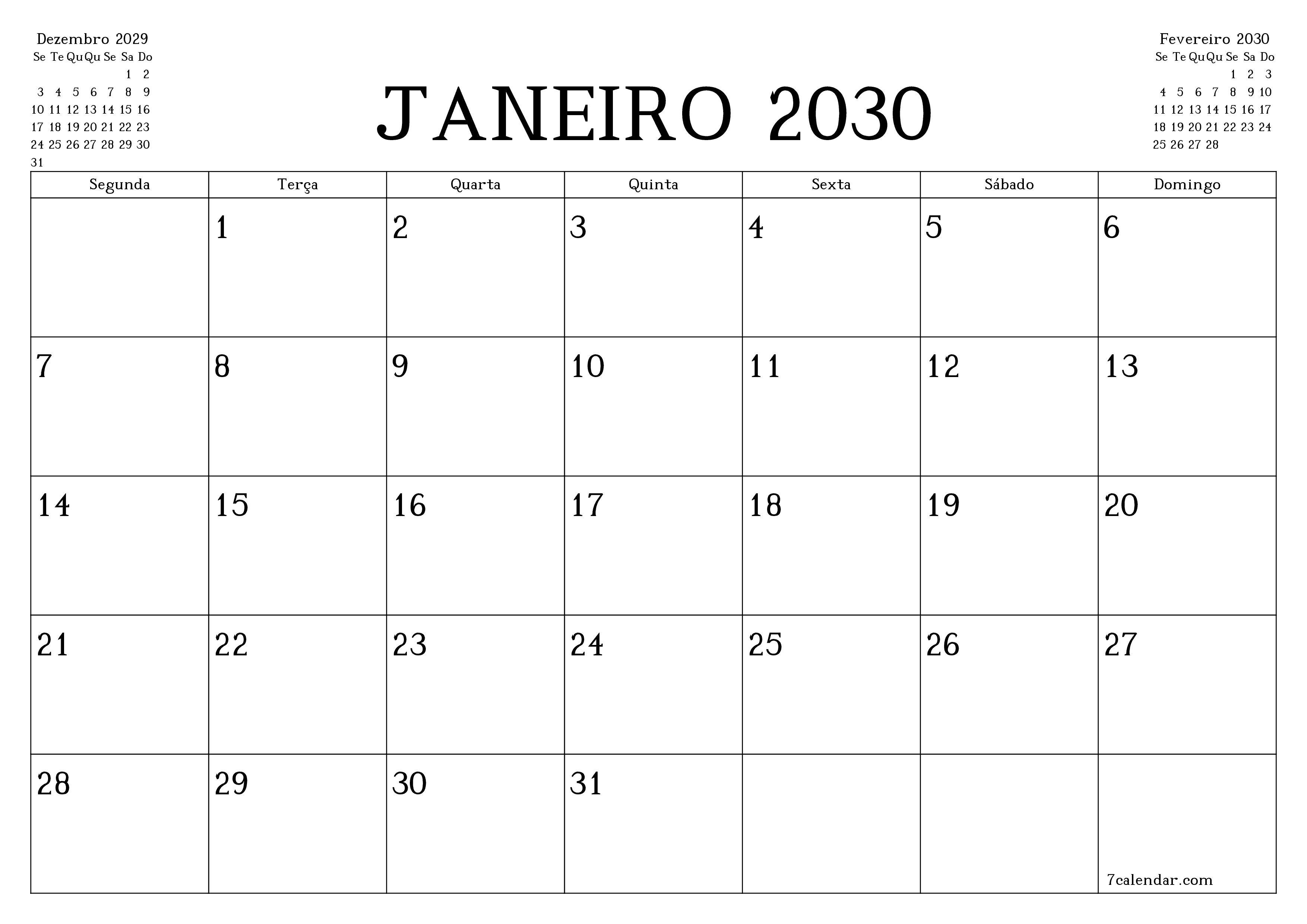 Esvazie o planejador mensal para o mês Janeiro 2030 com notas, salve e imprima em PDF PNG Portuguese