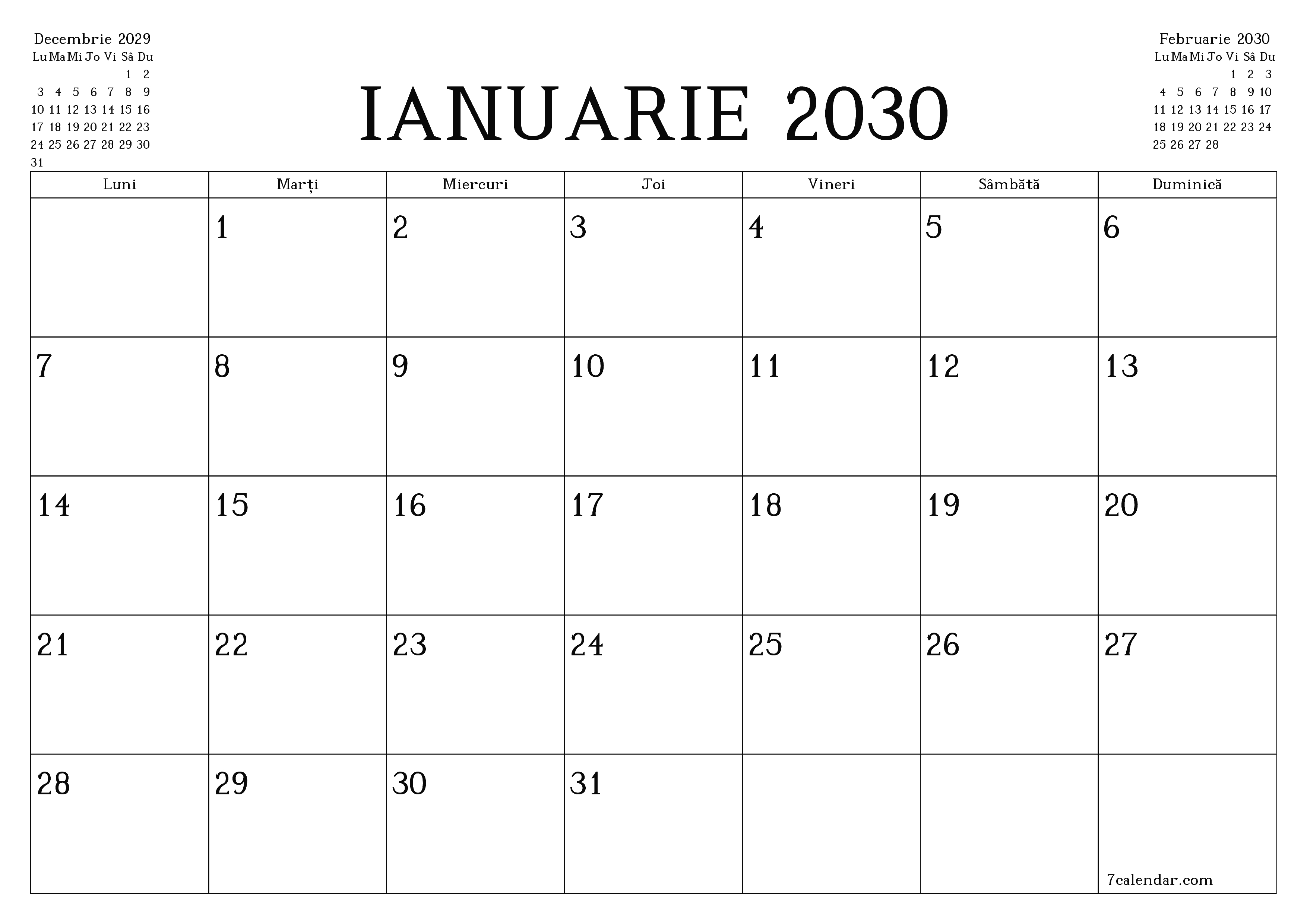 Planificator lunar gol pentru luna Ianuarie 2030 cu note, salvați și tipăriți în PDF PNG Romanian