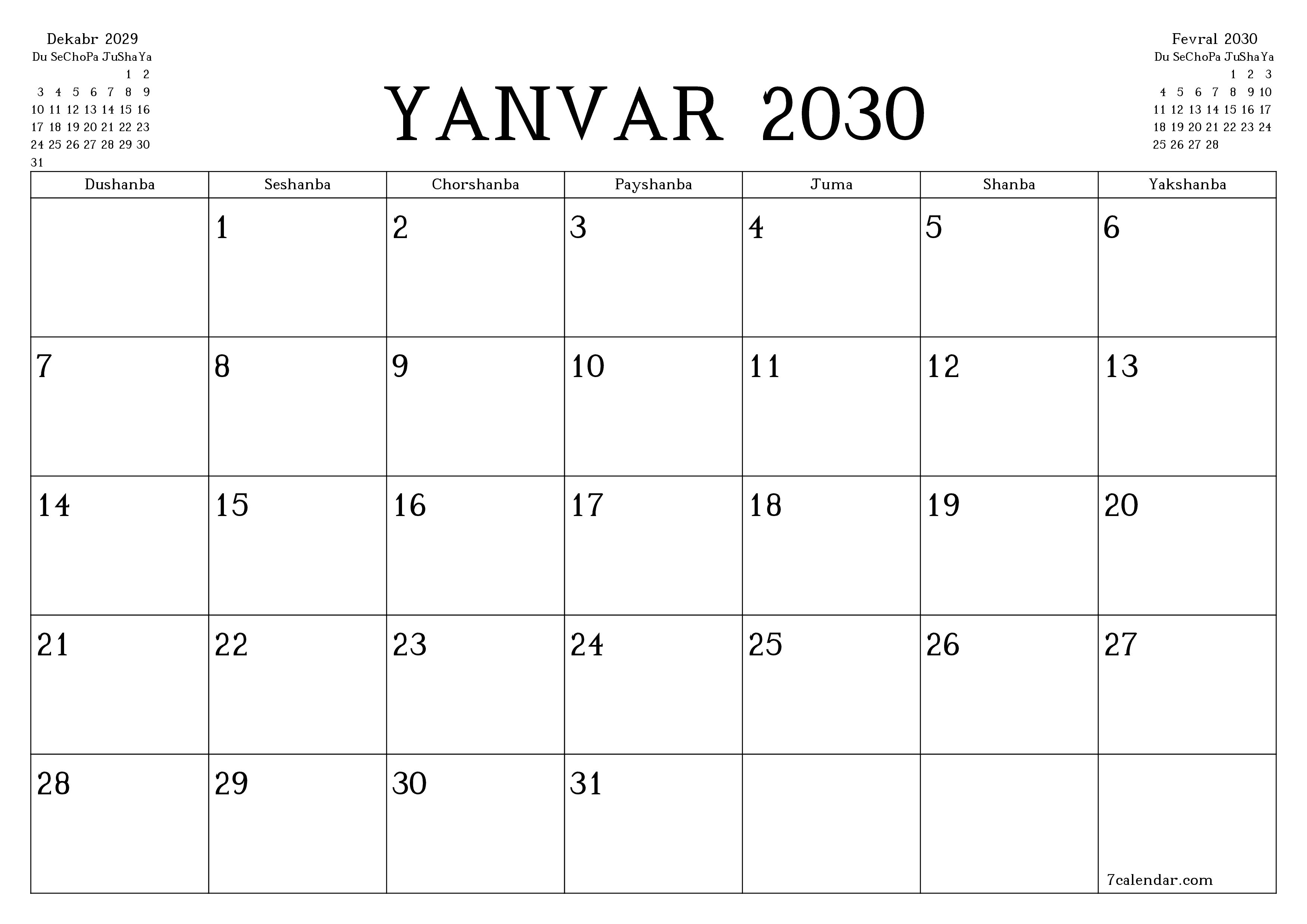 Yanvar 2030 oylik oylik rejalashtiruvchini yozuvlar bilan bo'shatish, saqlash va PDF-ga chop etish PNG Uzbek