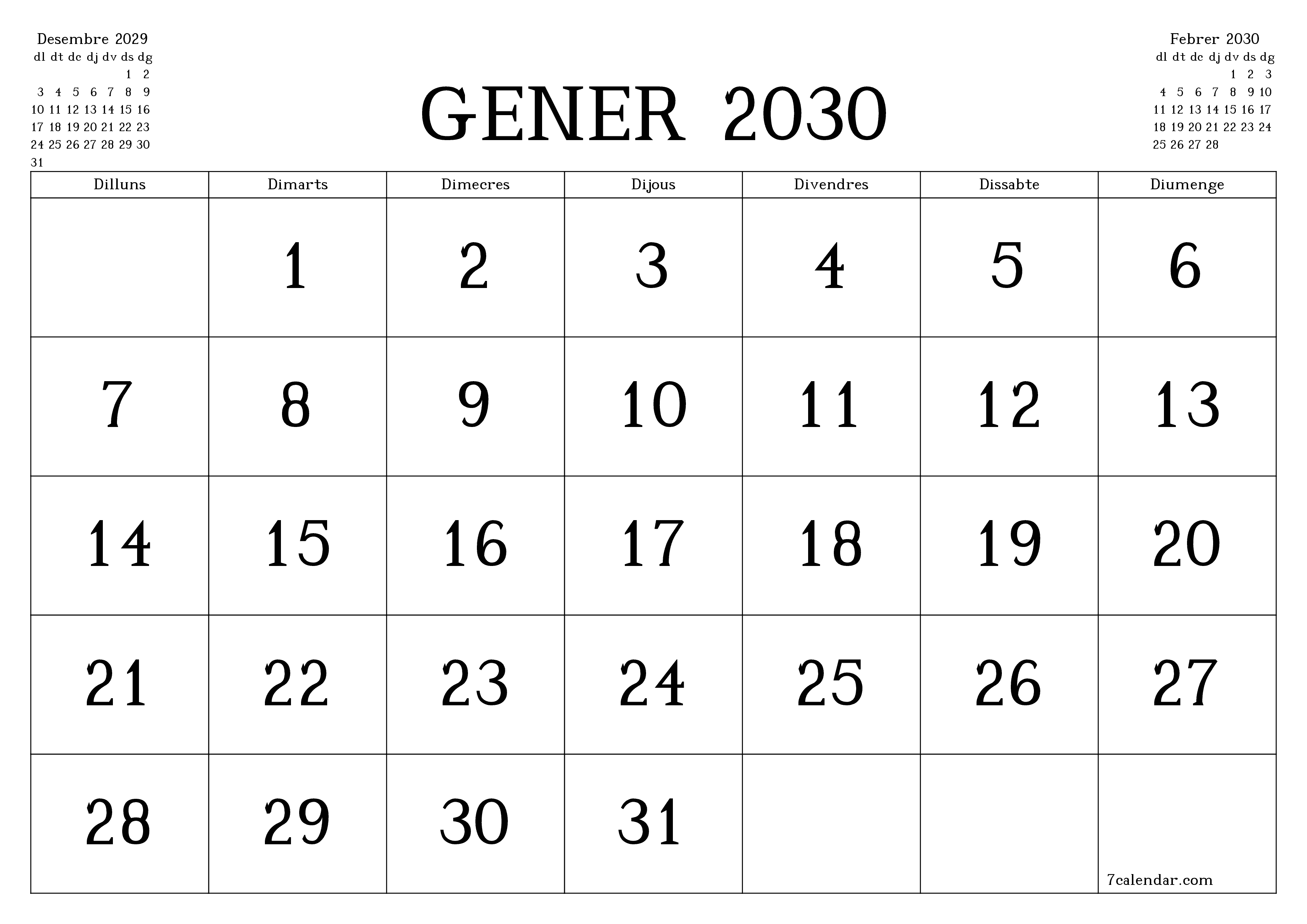 Planificador mensual buit del mes Gener 2030 amb notes, deseu-lo i imprimiu-lo en format PDF PNG Catalan