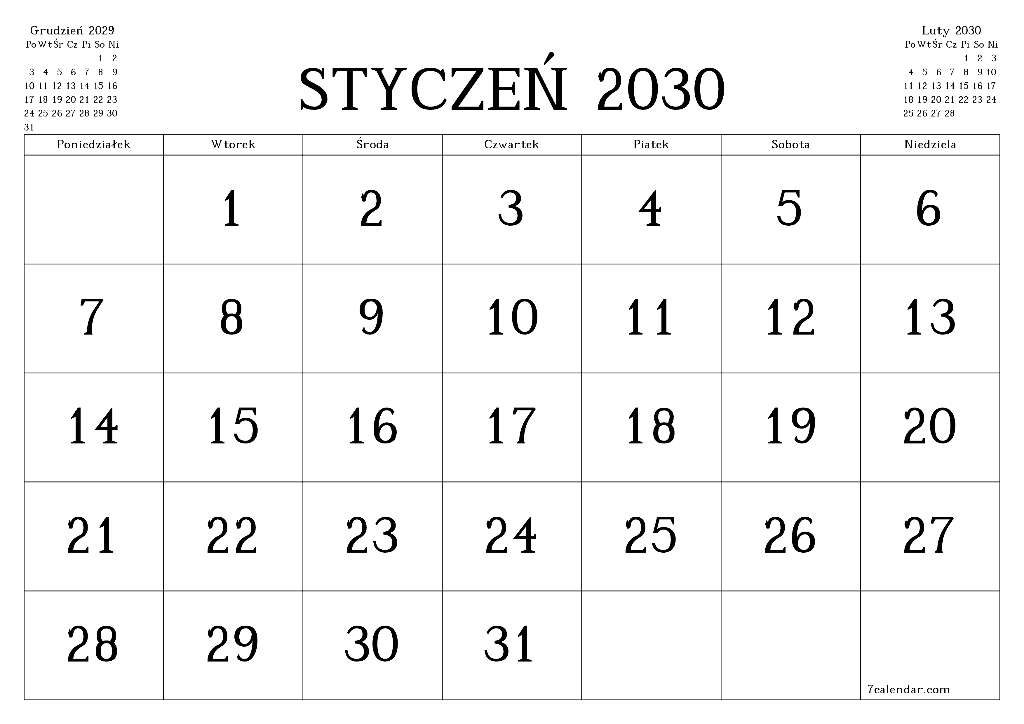 Opróżnij miesięczny planer na miesiąc Styczeń 2030 z notatkami, zapisz i wydrukuj w formacie PDF PNG Polish