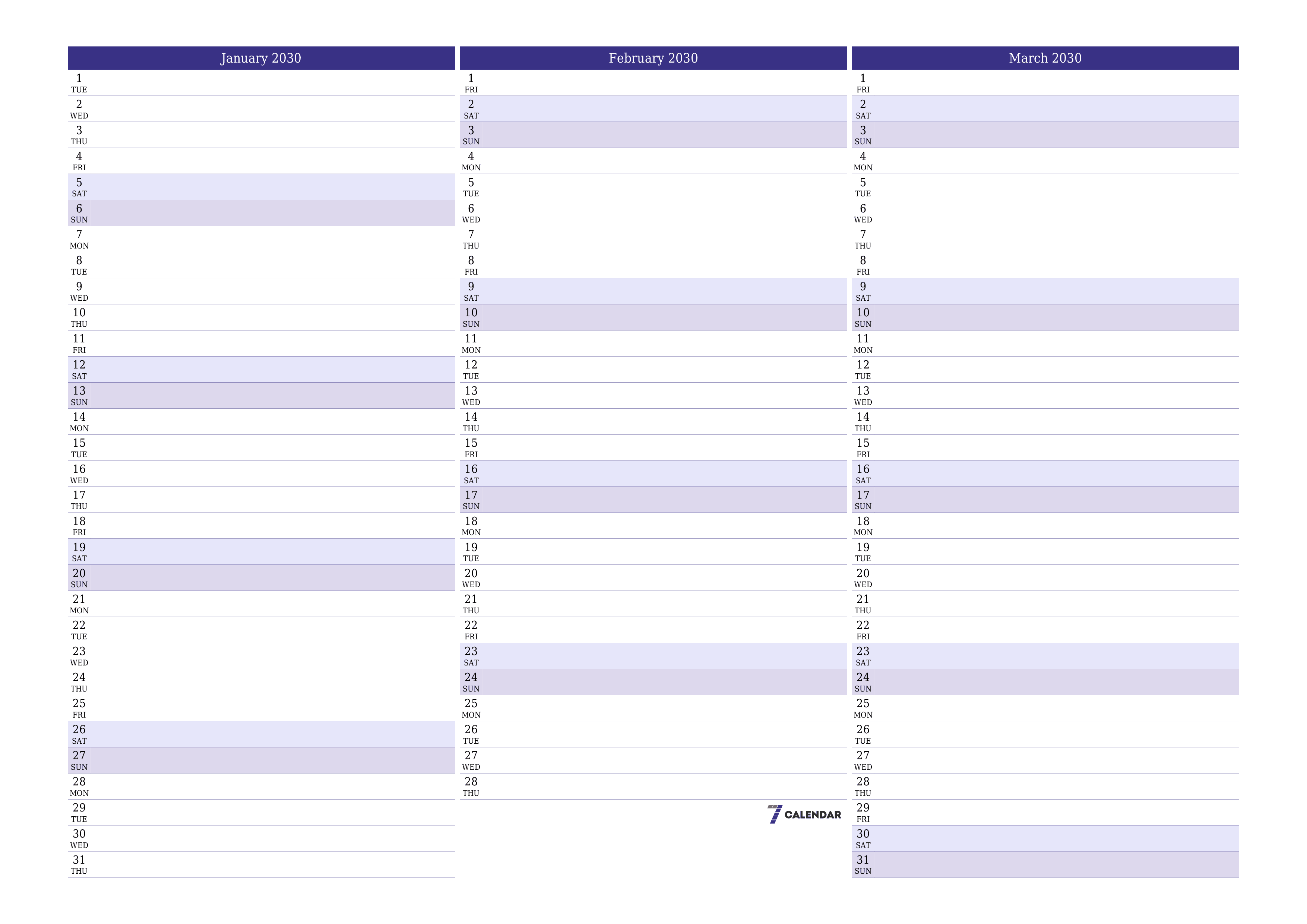 Blank calendar January 2030