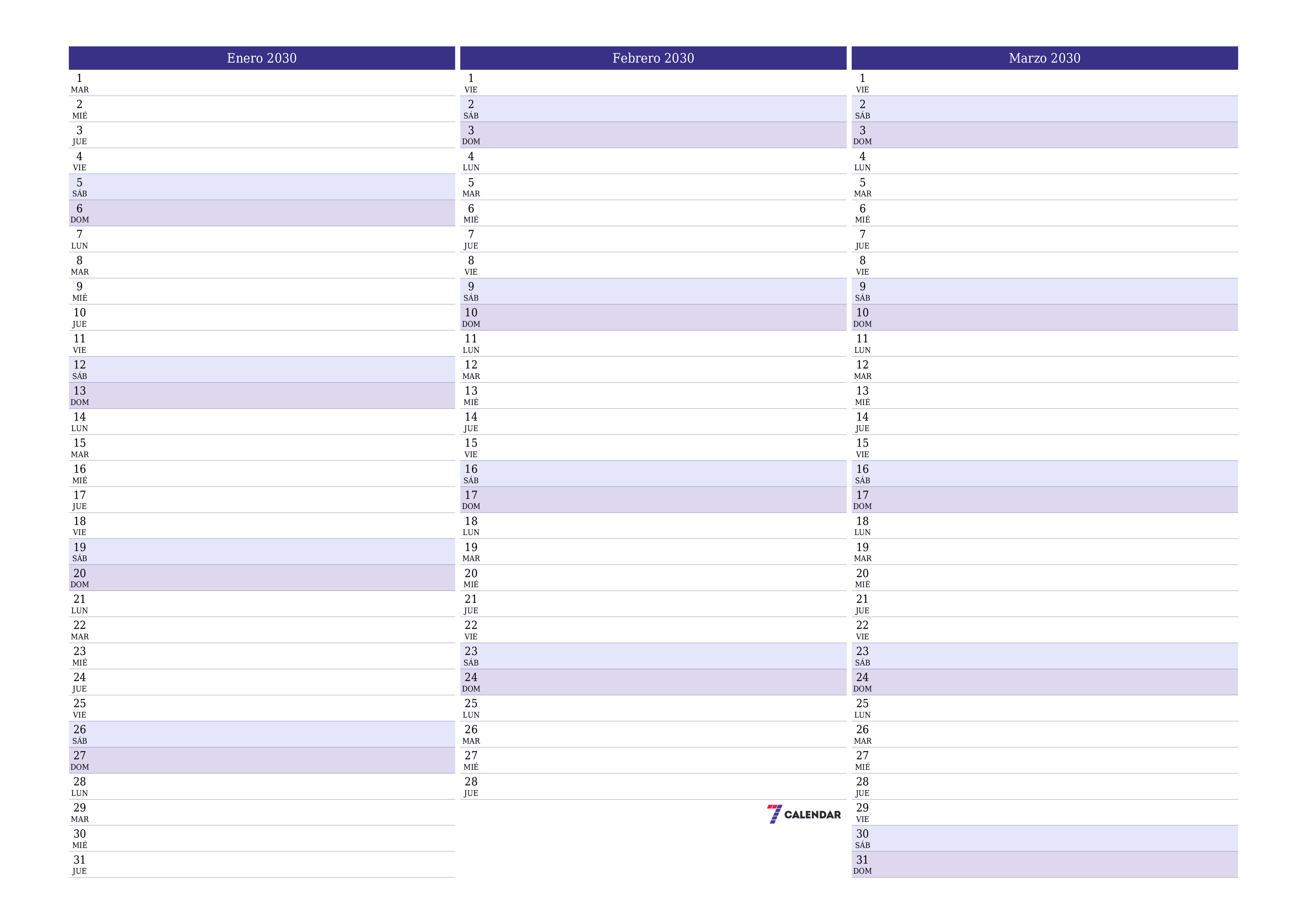 Planificador mensual vacío para el mes Enero 2030 con notas, guardar e imprimir en PDF PNG Spanish