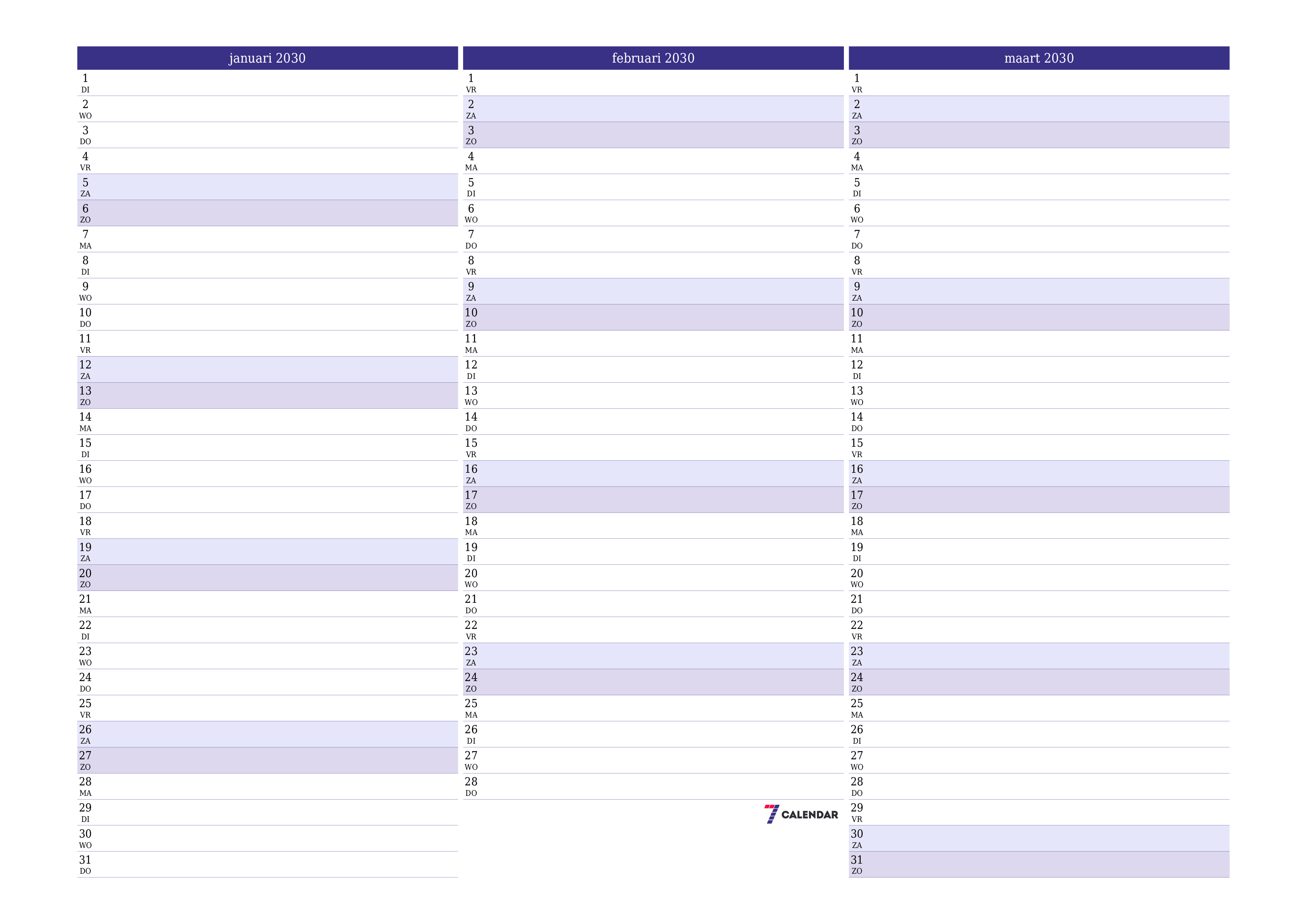 Lege maandplanner voor maand januari 2030 met notities, opslaan en afdrukken naar pdf PNG Dutch