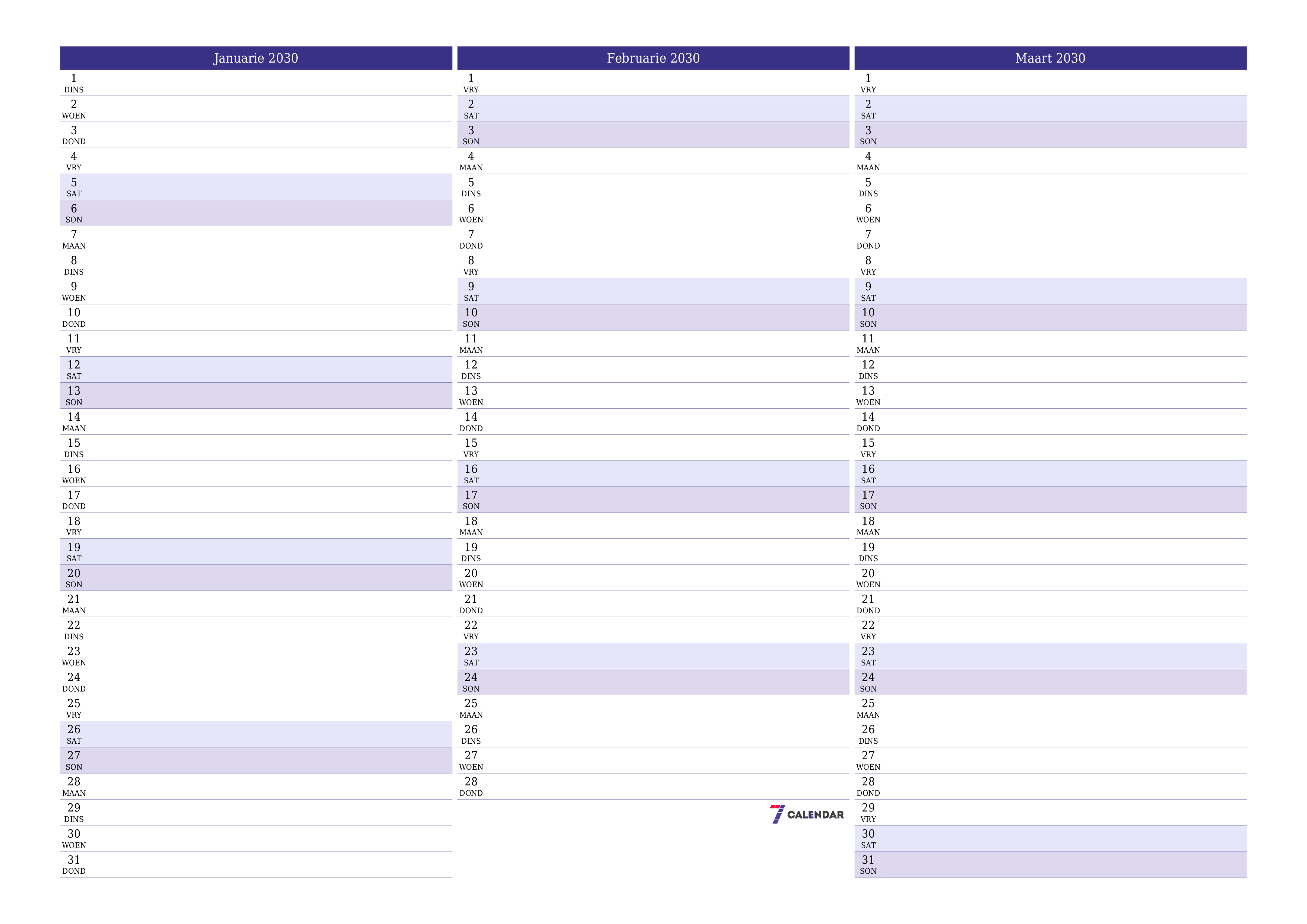Leë maandelikse drukbare kalender en beplanner vir maand Januarie 2030 met notas stoor en druk na PDF PNG Afrikaans