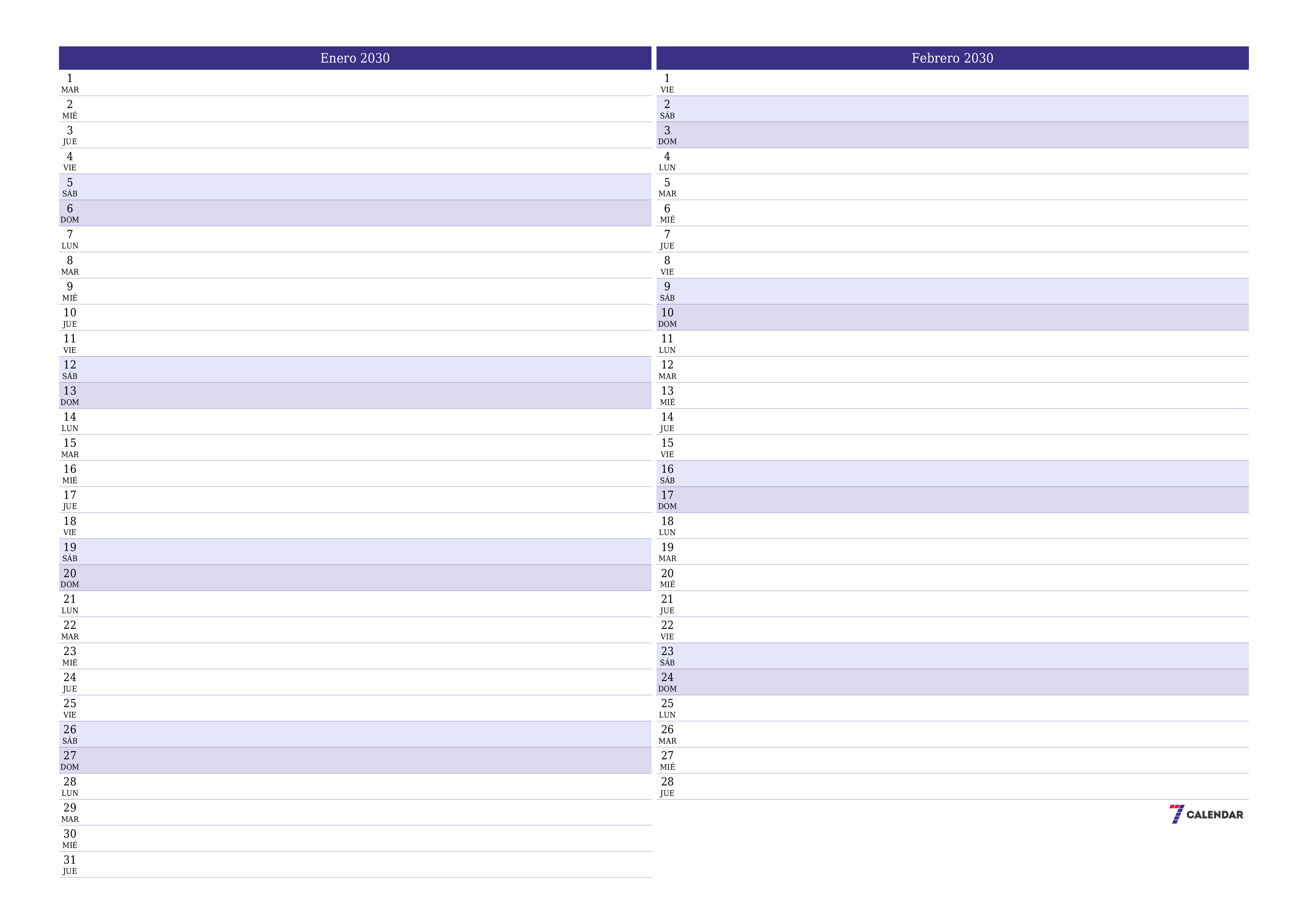 Planificador mensual vacío para el mes Enero 2030 con notas, guardar e imprimir en PDF PNG Spanish